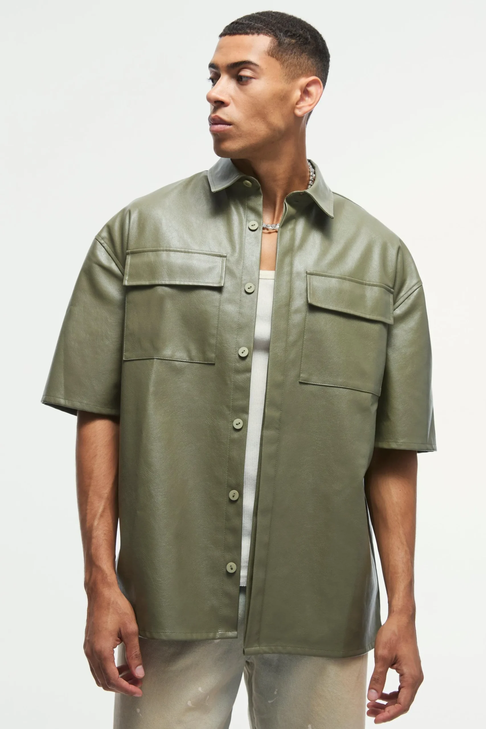 Pu Oversized Boxy Shirt | BoohooMAN UK