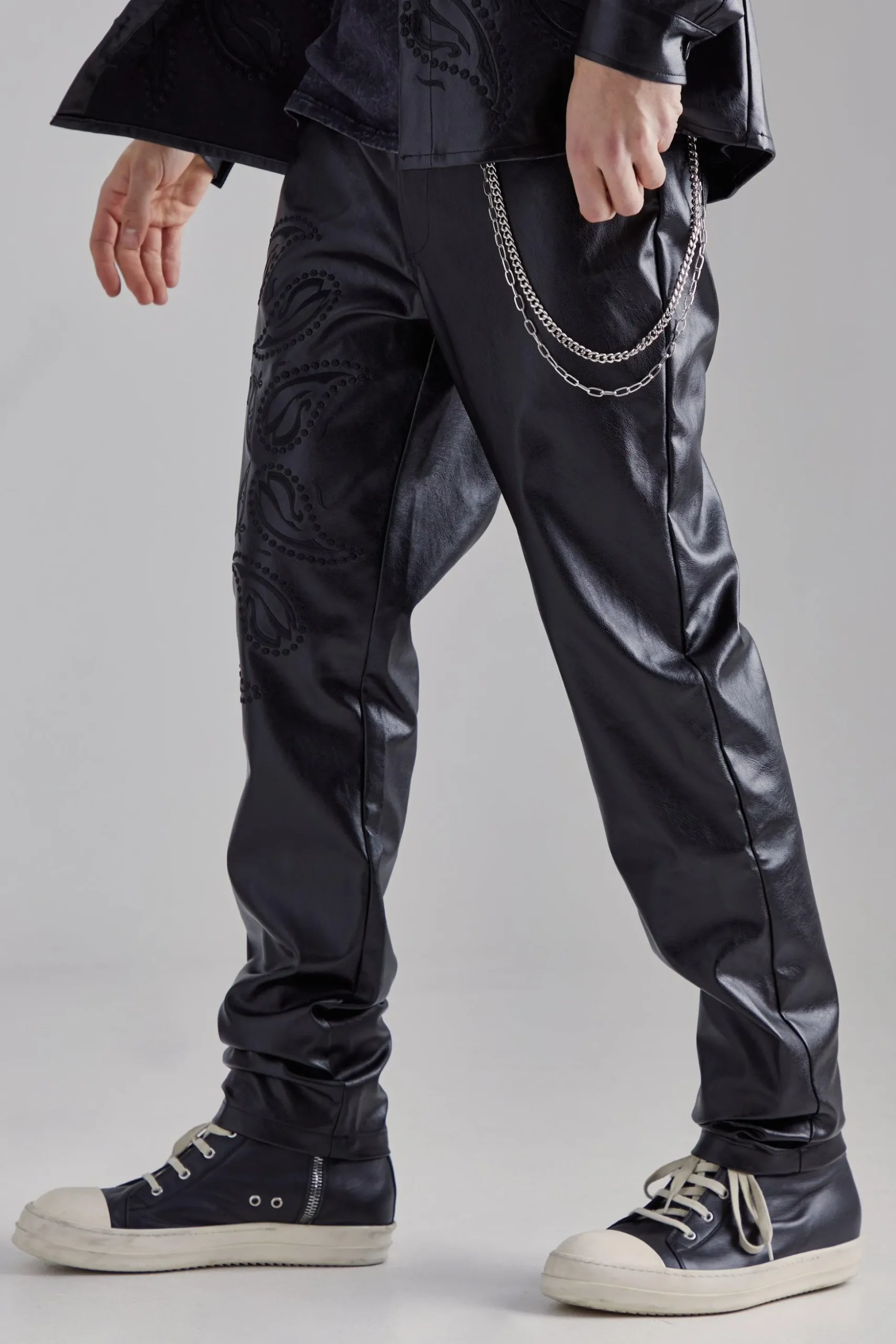 Pu Paisley Embroidered Slim Trouser | BoohooMAN UK