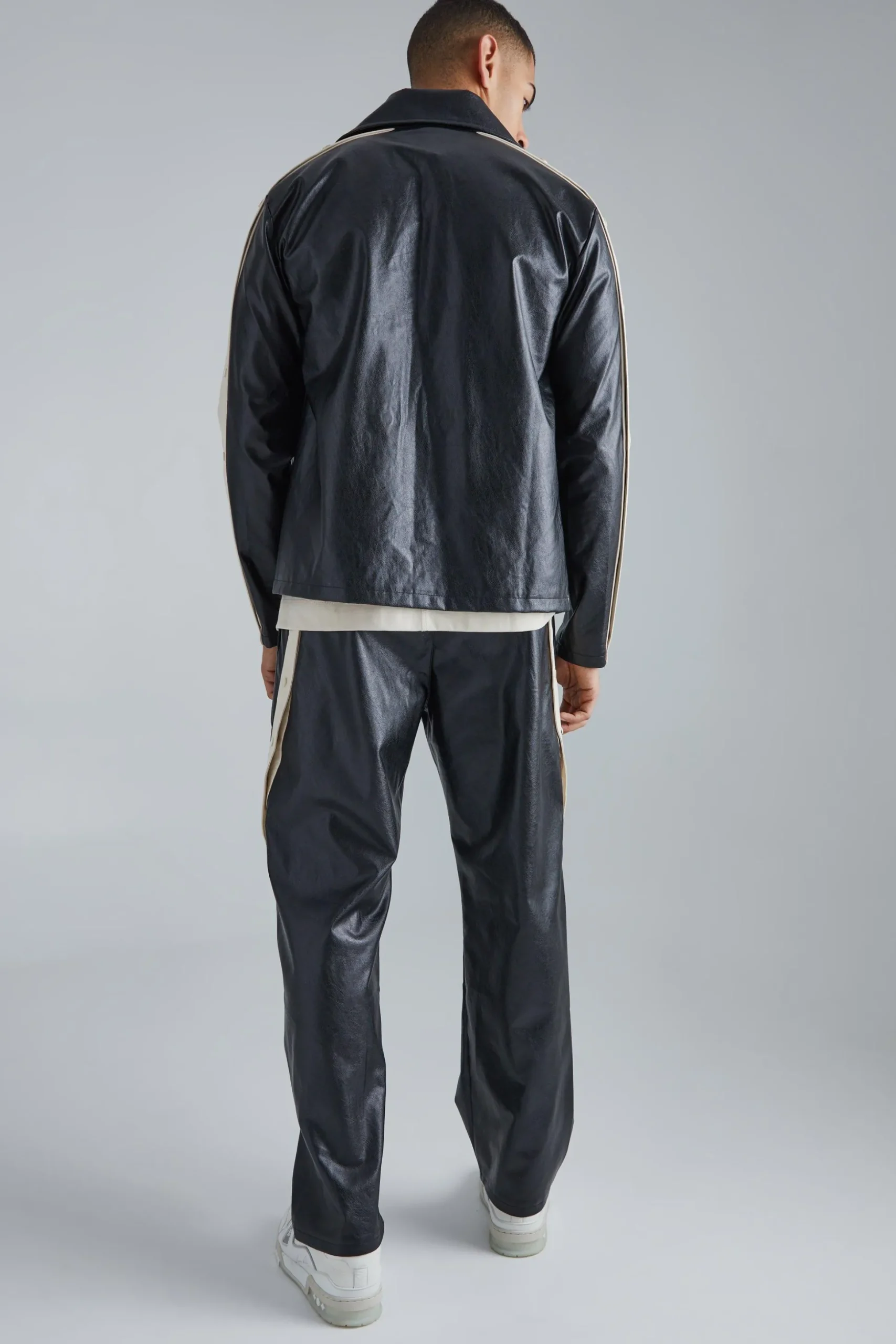 Pu Popper Sleeve Funnel Neck Jacket | BoohooMAN UK