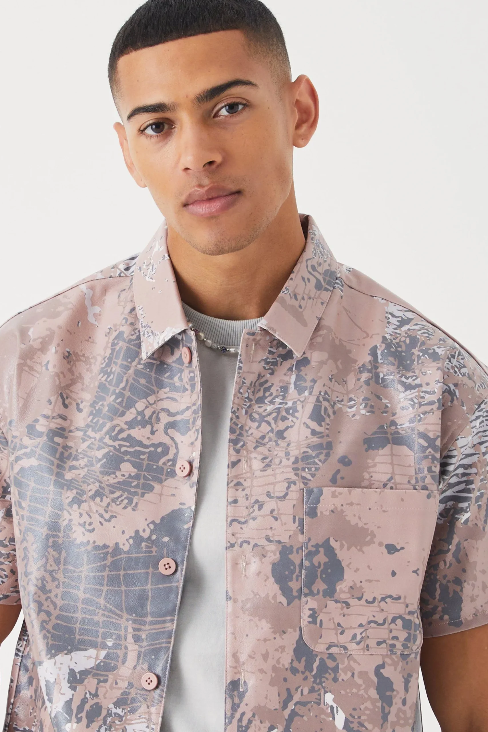 Pu Short Sleeve Boxy Abstract Set | BoohooMAN UK