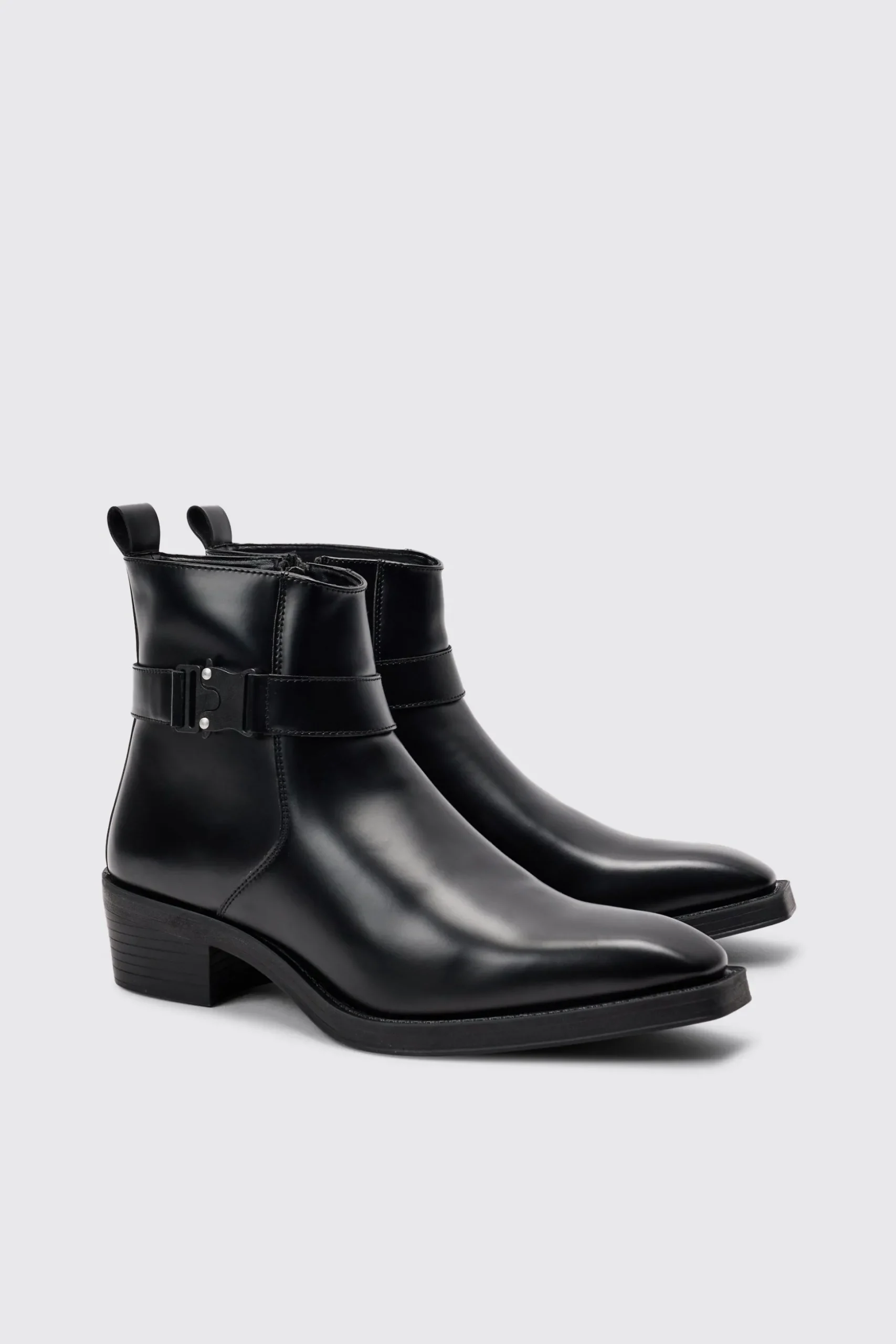 PU Square Toe Buckle Detail Boot In Black | BoohooMAN UK