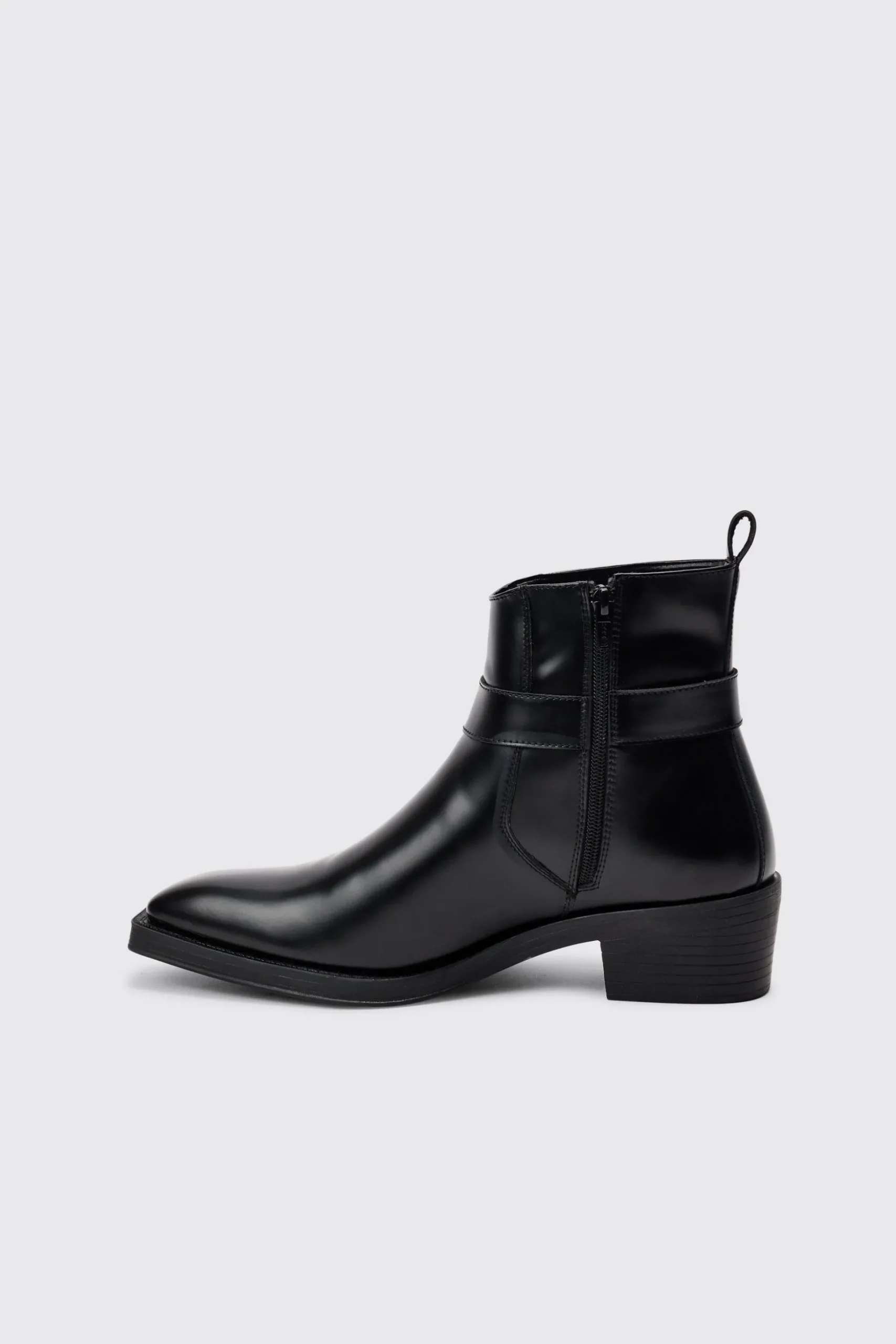 PU Square Toe Buckle Detail Boot In Black | BoohooMAN UK