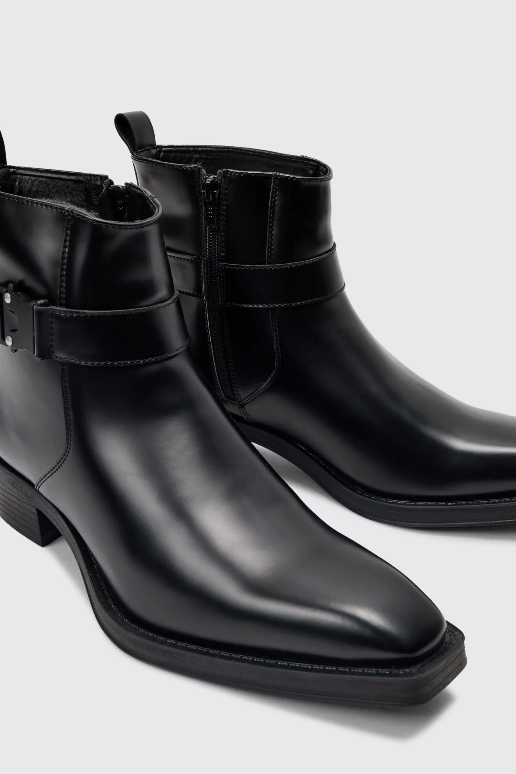 PU Square Toe Buckle Detail Boot In Black | BoohooMAN UK