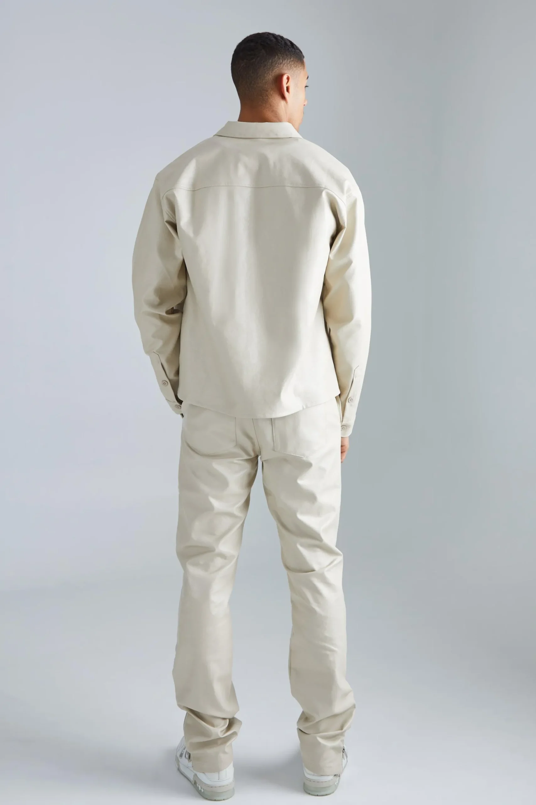 Pu Stacked Straight Leg Zip Gusset Embroidered Trouser | BoohooMAN UK