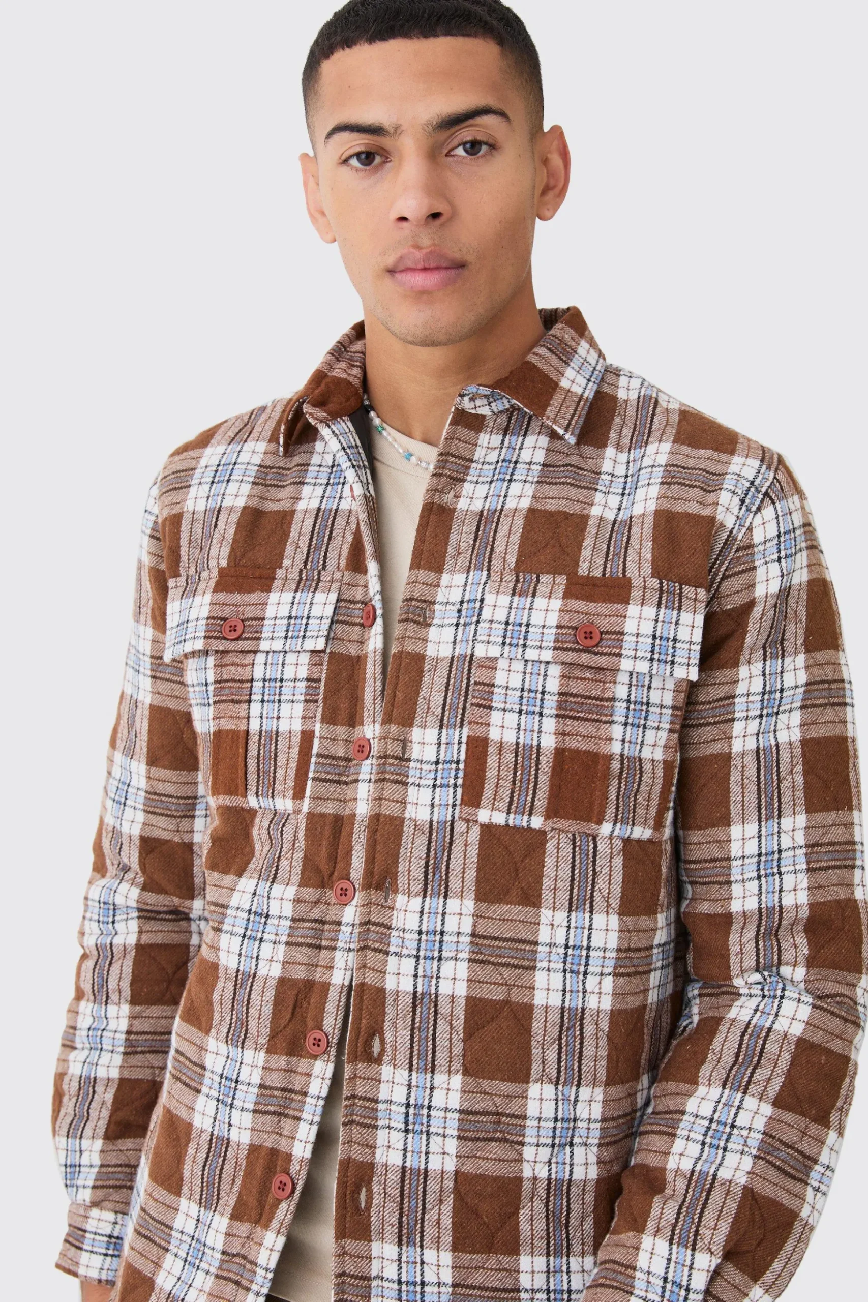 Quilted Checked Overshirt | BoohooMAN UK