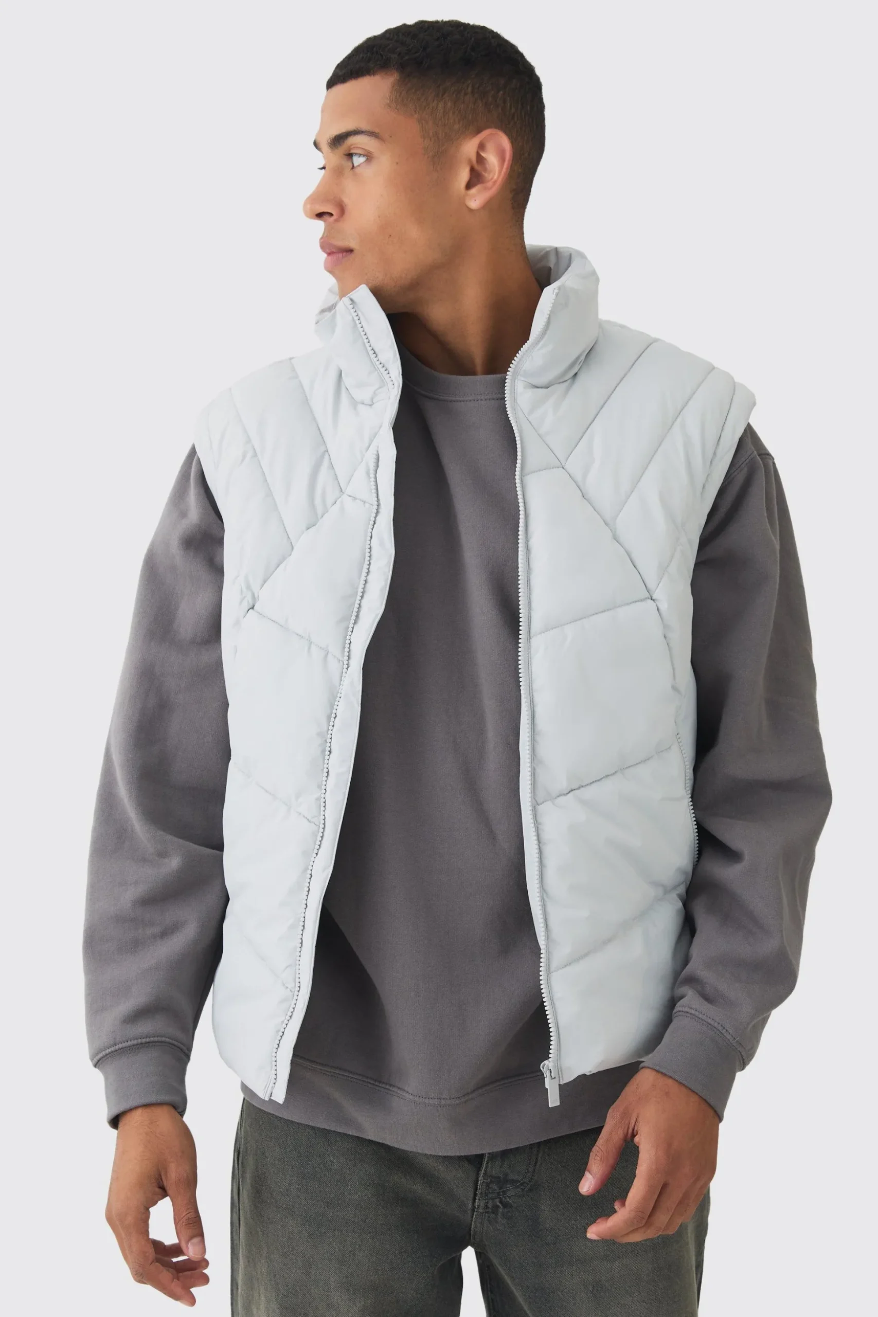 Quilted Funnel Neck Gilet In Light Grey | BoohooMAN UK
