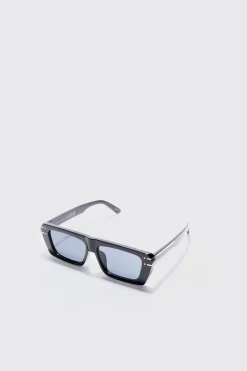 Rectangular Metal Frame Sunglasses In Black | BoohooMAN UK