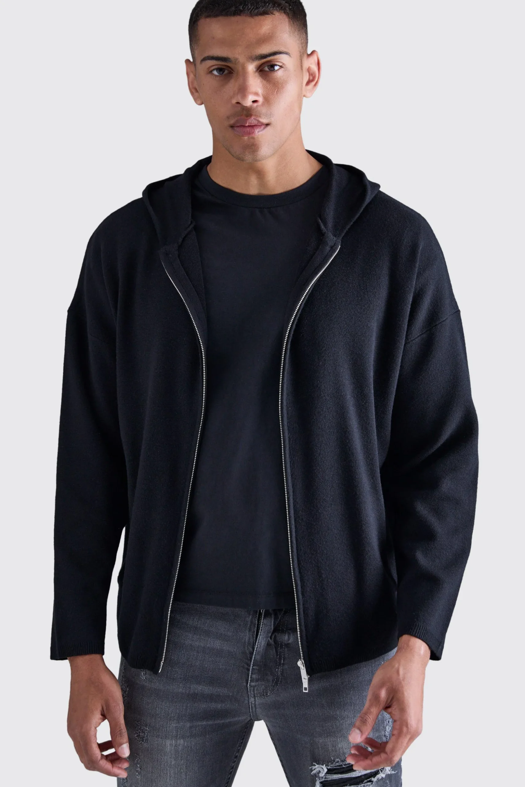 Regular Fit Dual Zip Through Knitted Hoodie | BoohooMAN UK