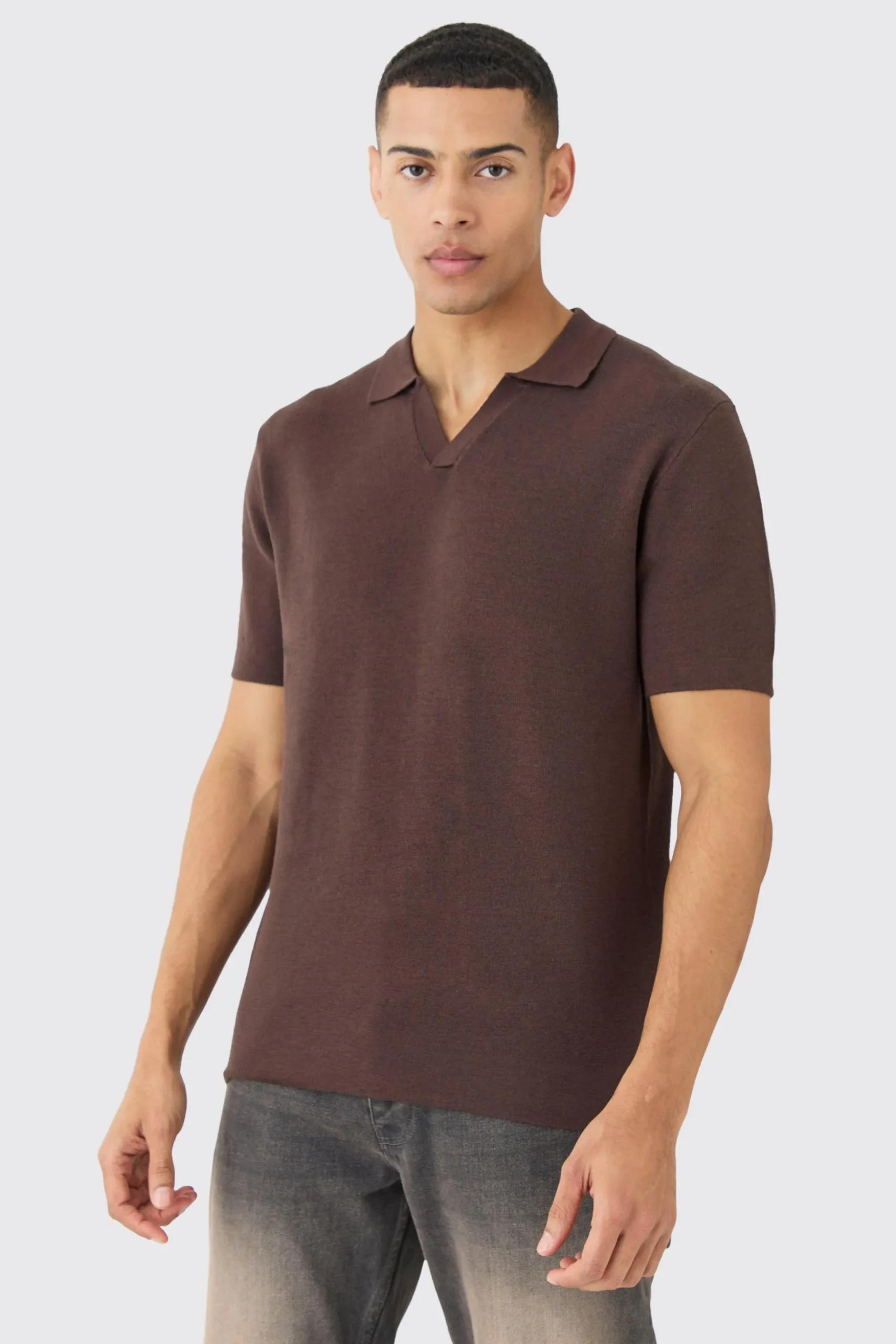 Regular Fit Revere Knitted Polo | BoohooMAN UK