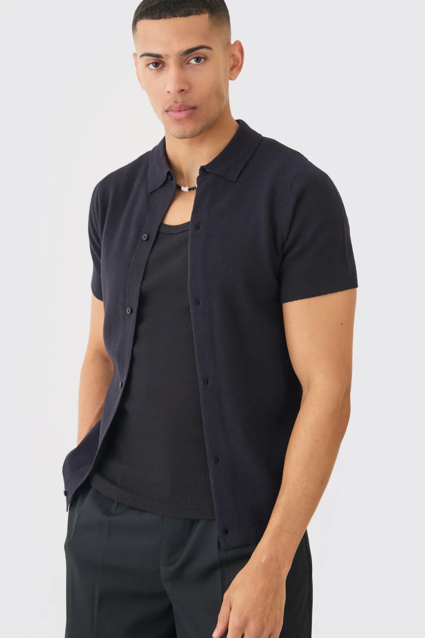 Regular Fit Short Sleeve Knitted Shirt | BoohooMAN UK