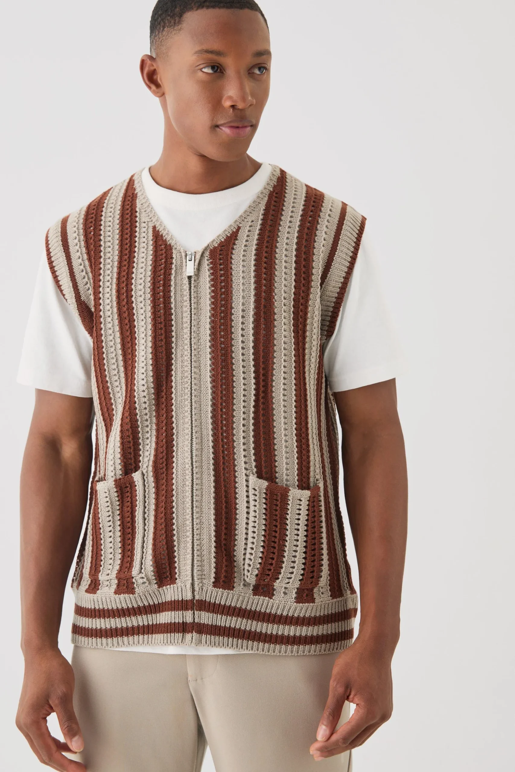 Regular Fit Zip Through Open Knit Stripe Gilet | BoohooMAN UK