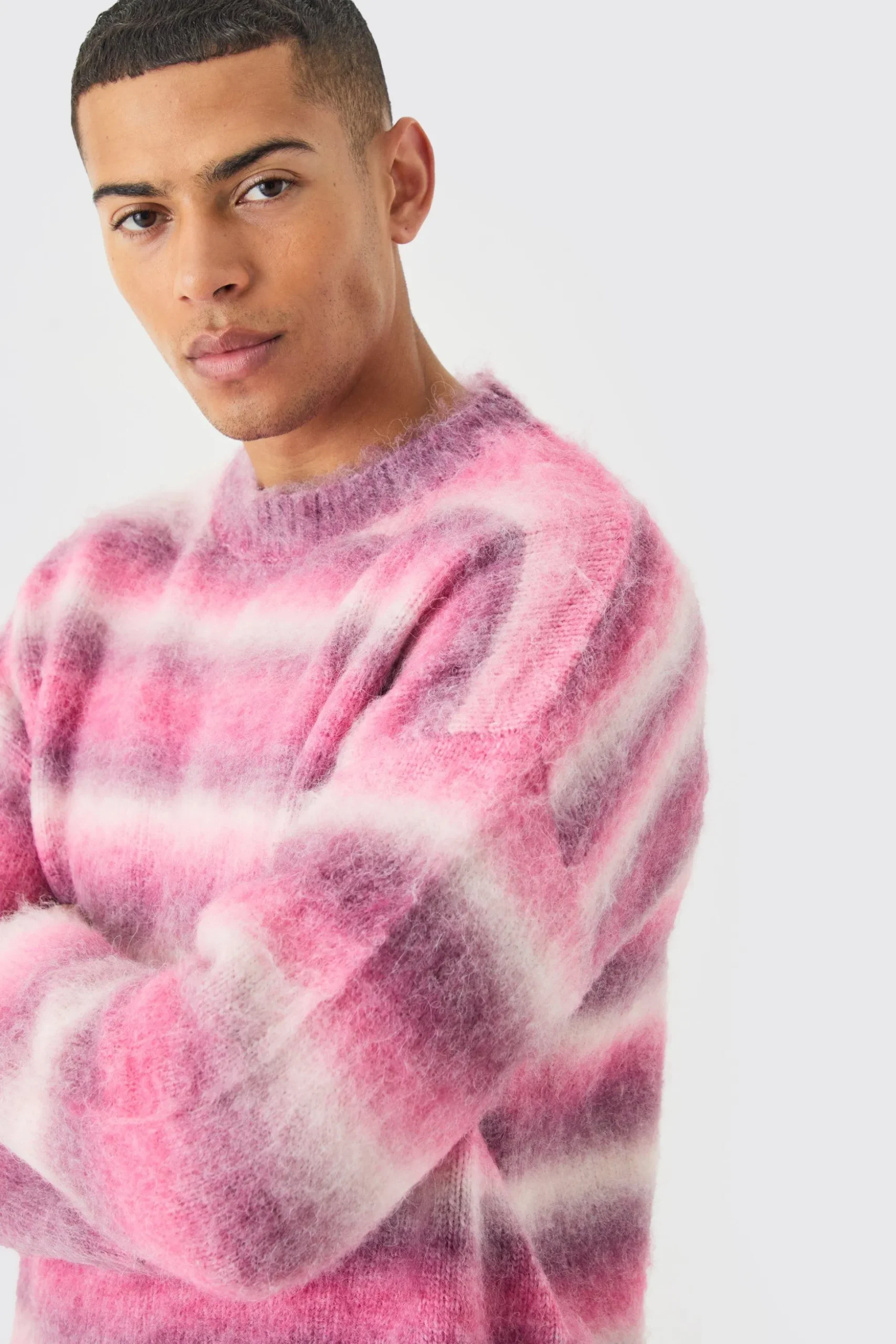 Regular Knitted Brushed Stripe Sweater In Pink | BoohooMAN UK