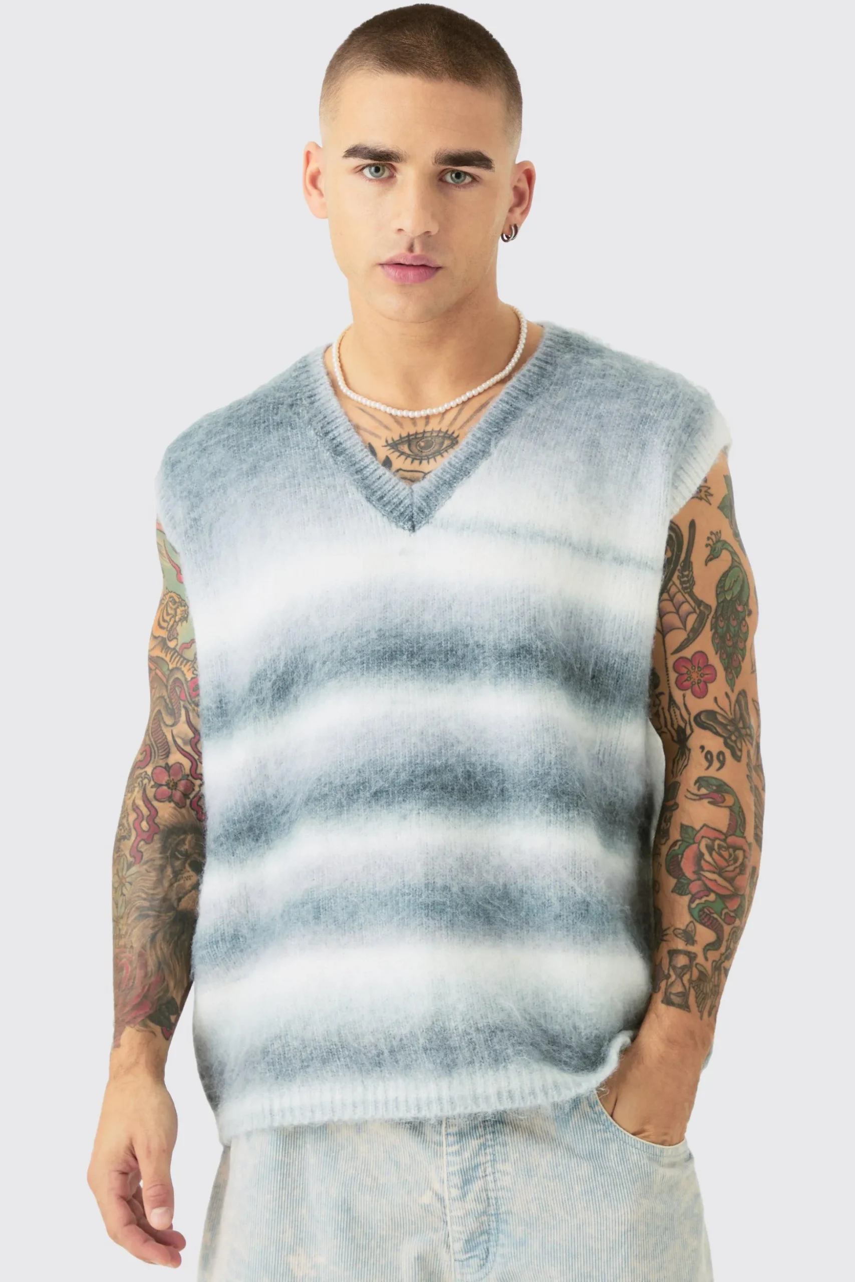 Regular Knitted Brushed Stripe V Neck Tank | BoohooMAN UK