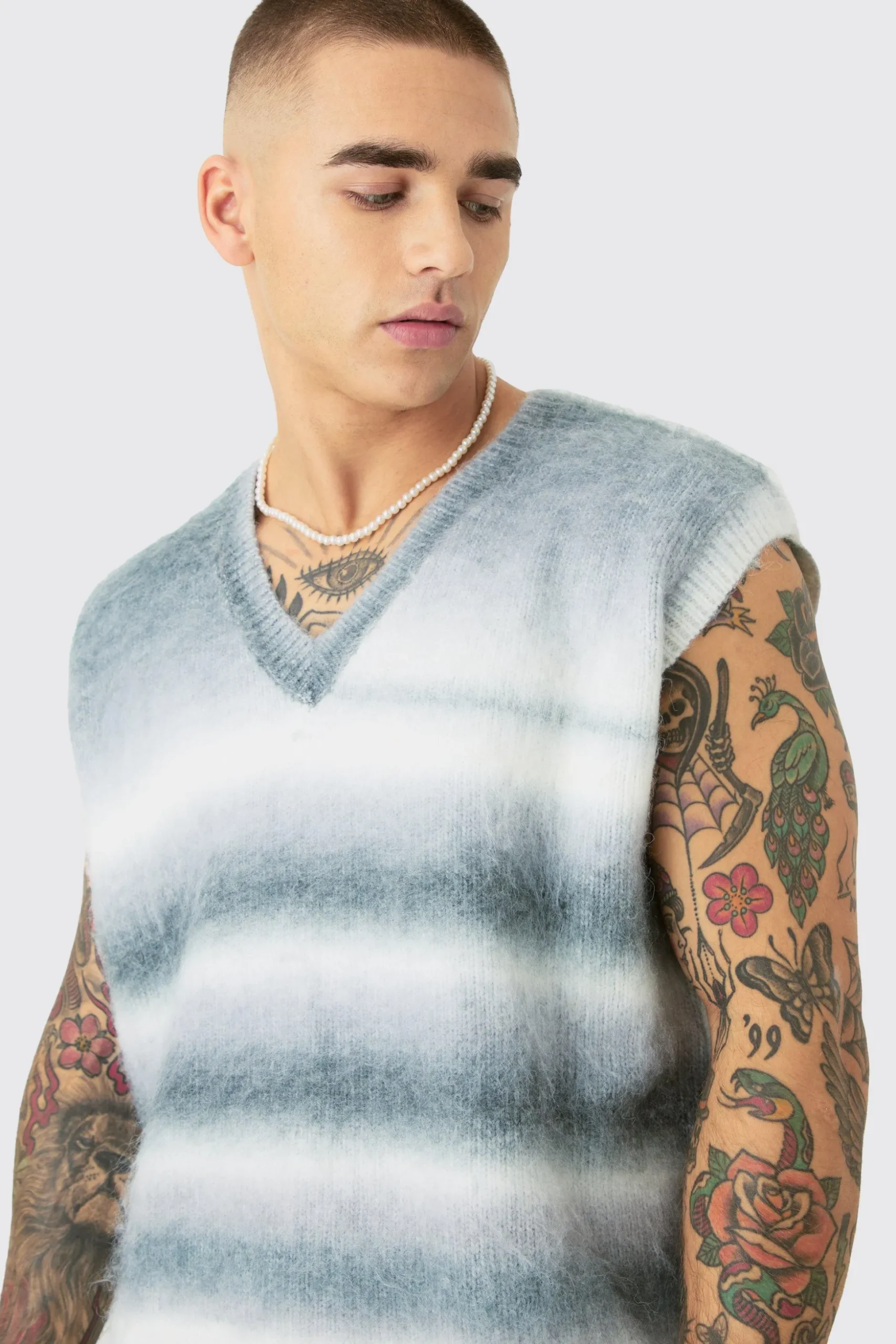 Regular Knitted Brushed Stripe V Neck Tank | BoohooMAN UK