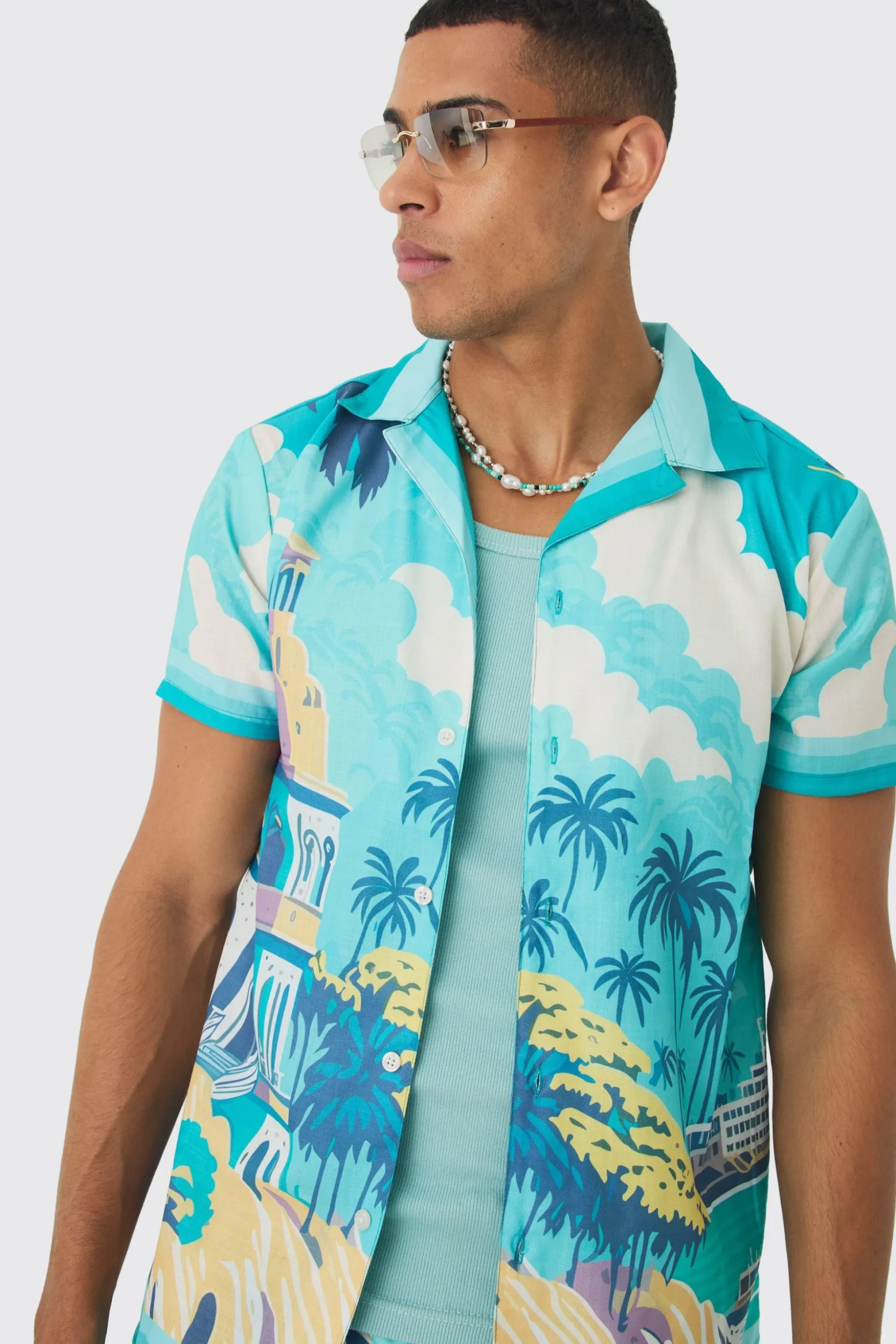 Regular Landscape Shirt & Swim Short Set | BoohooMAN UK