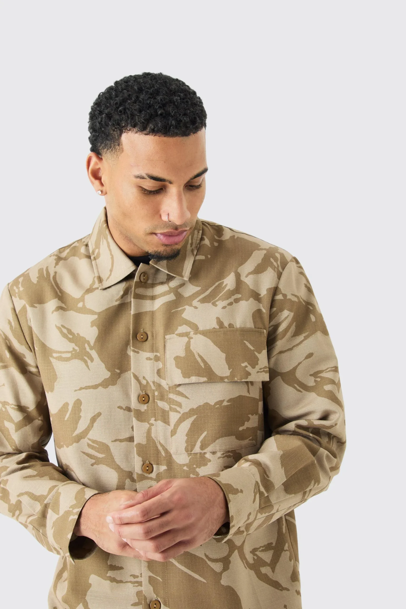 Regular Long Sleeve Ripstop Camo Overshirt | BoohooMAN UK