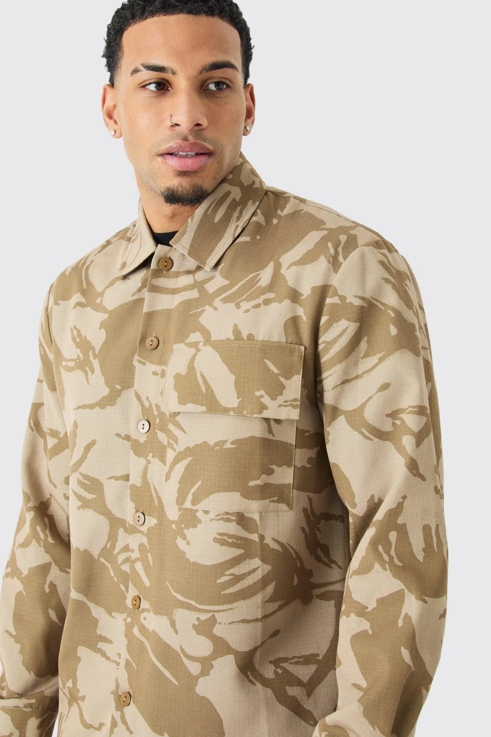 Regular Long Sleeve Ripstop Camo Overshirt | BoohooMAN UK