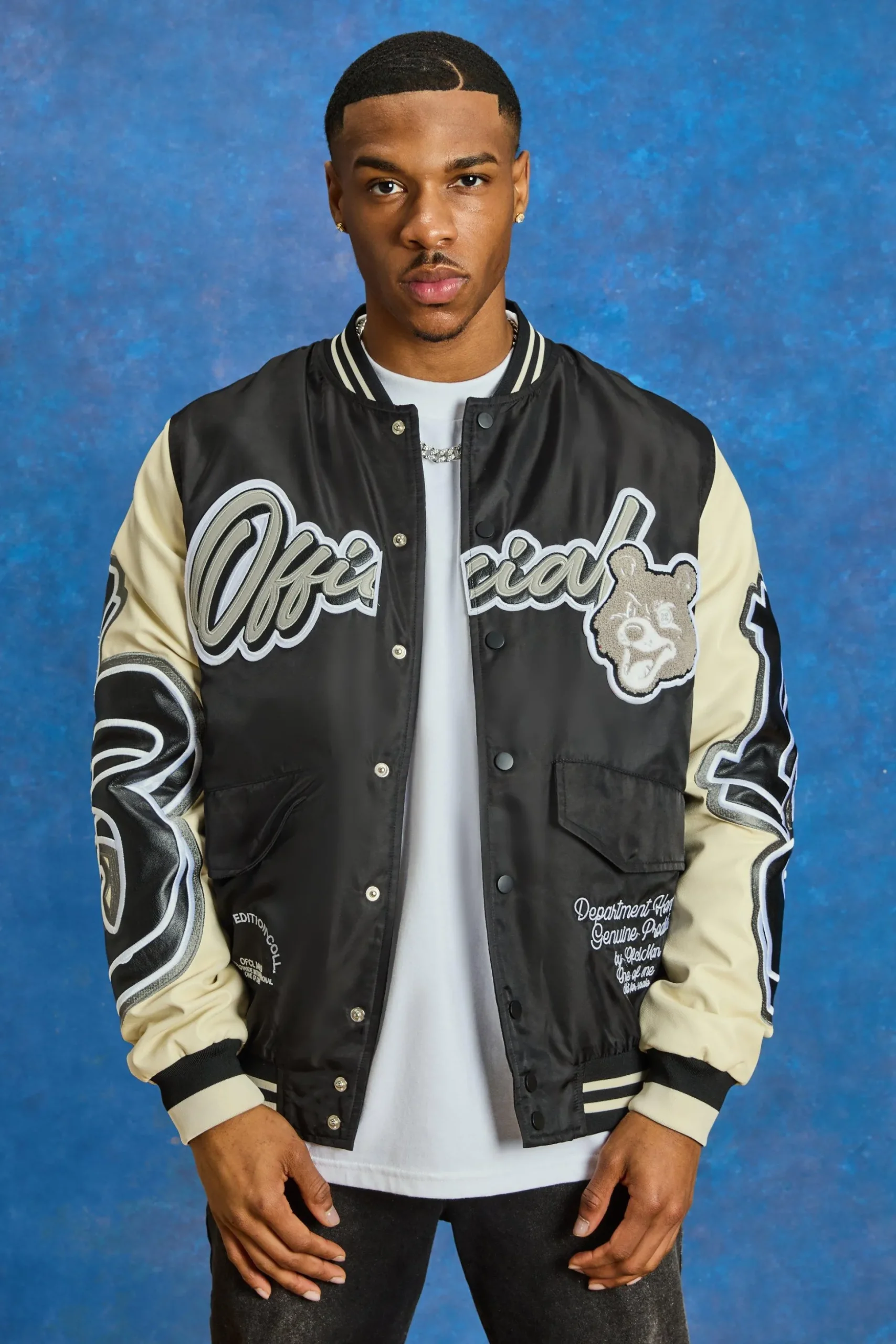Regular Nylon And PU Teddy Badge Varsity | BoohooMAN UK