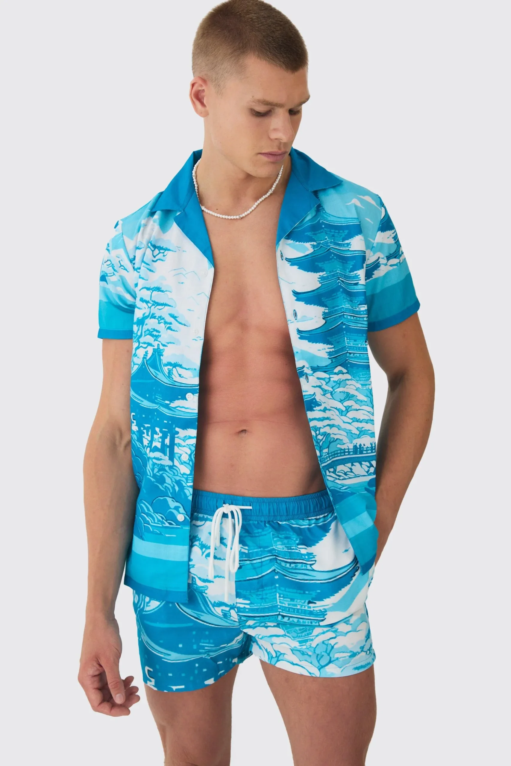 Regular Printed Shirt & Swim Short Set | BoohooMAN UK