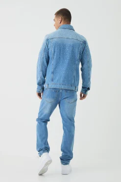 Regular Rhinestone Denim Jacket | BoohooMAN UK