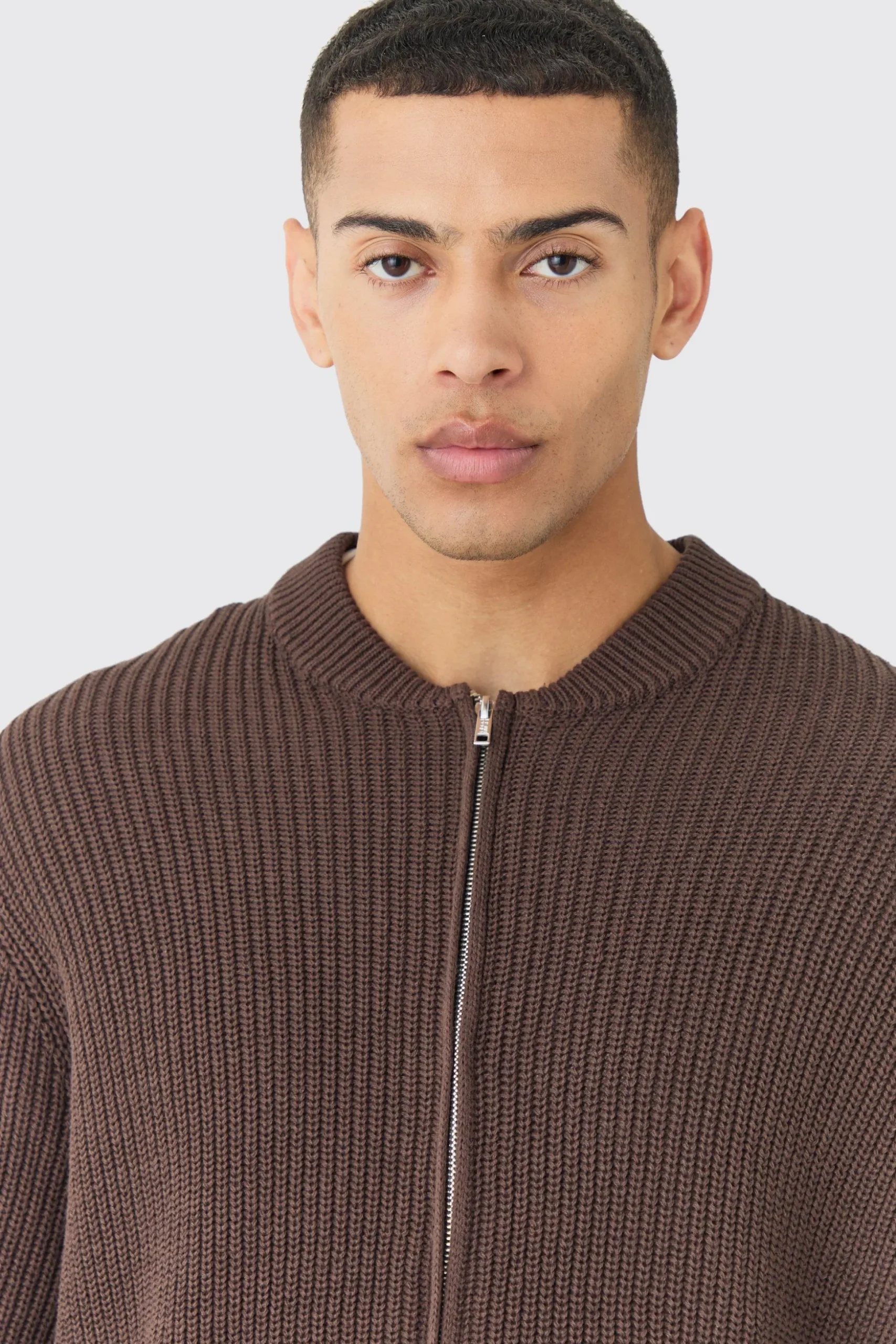 Regular Ribbed Fisherman Knit Bomber | BoohooMAN UK
