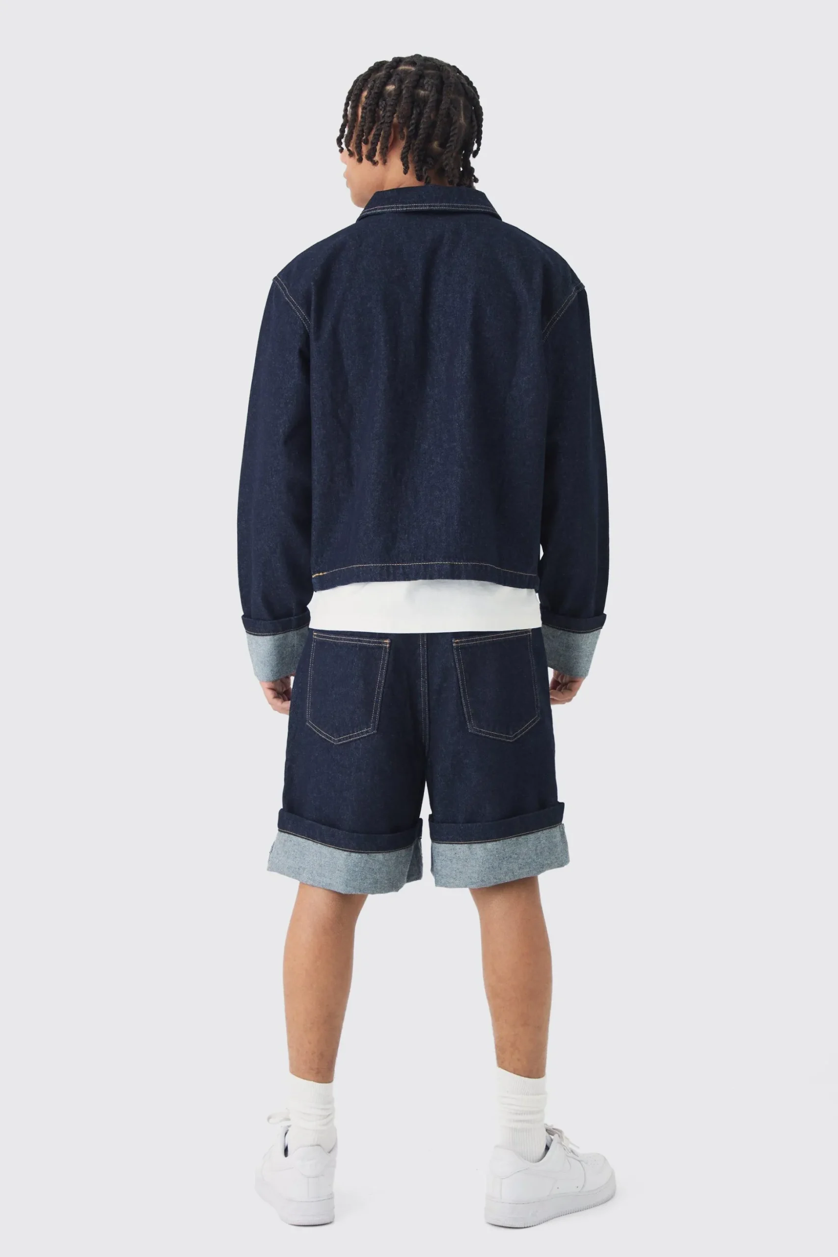Regular Rigid Denim Turn Up Jorts In Indigo | BoohooMAN UK