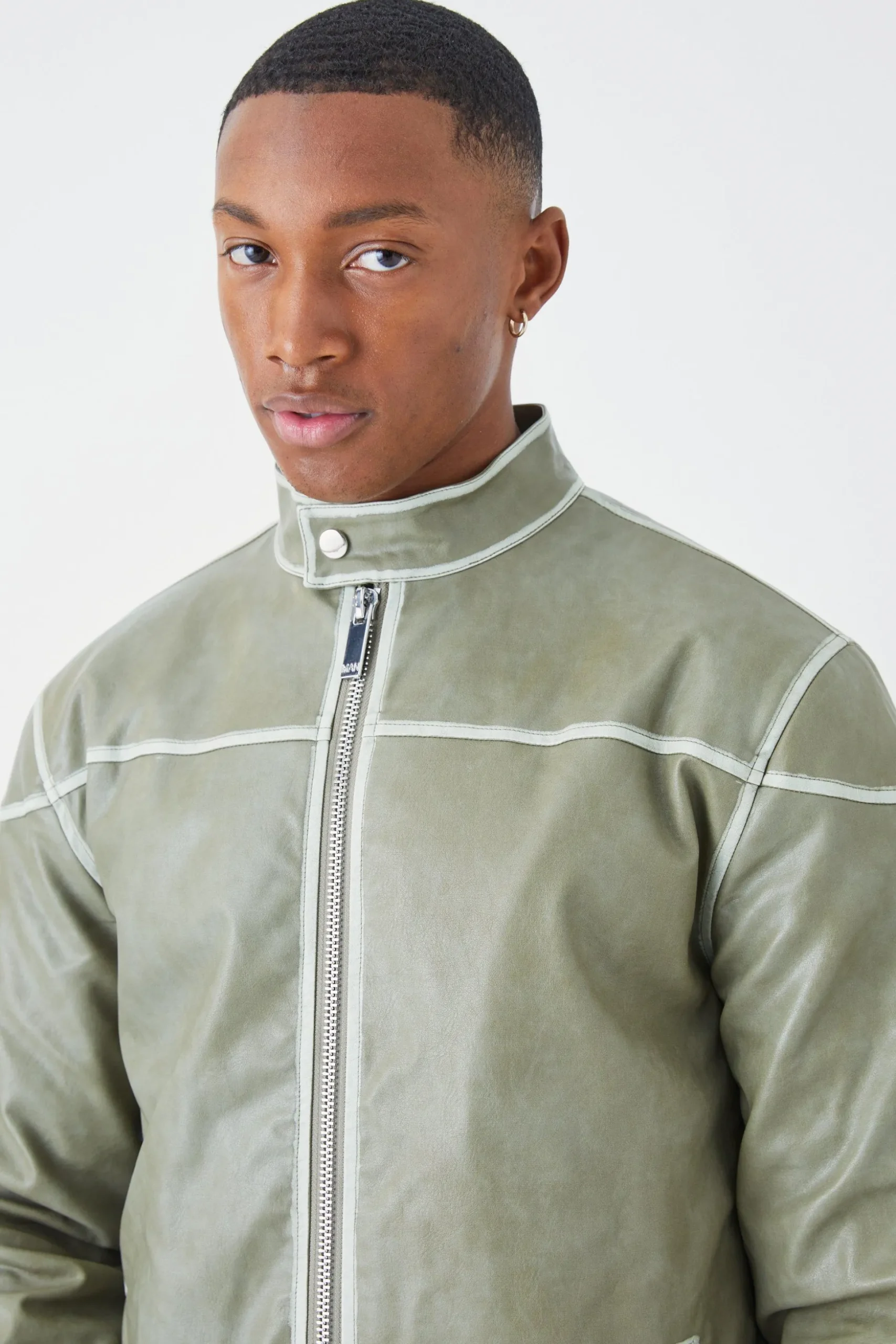 Regular Washed Seam Detail Pu Biker | BoohooMAN UK