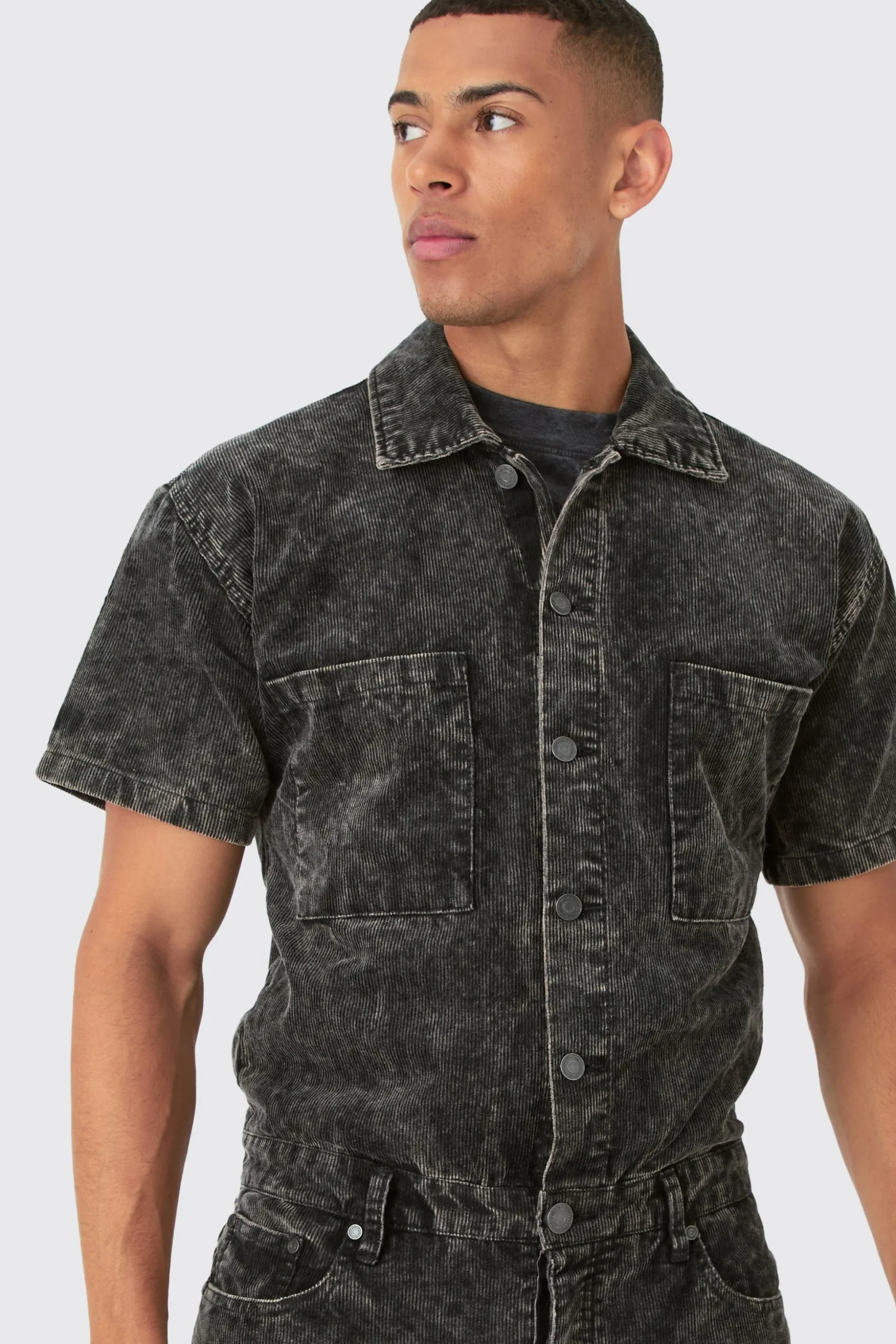 Relaxed Acid Wash Corduroy Boilersuit In Black | BoohooMAN UK