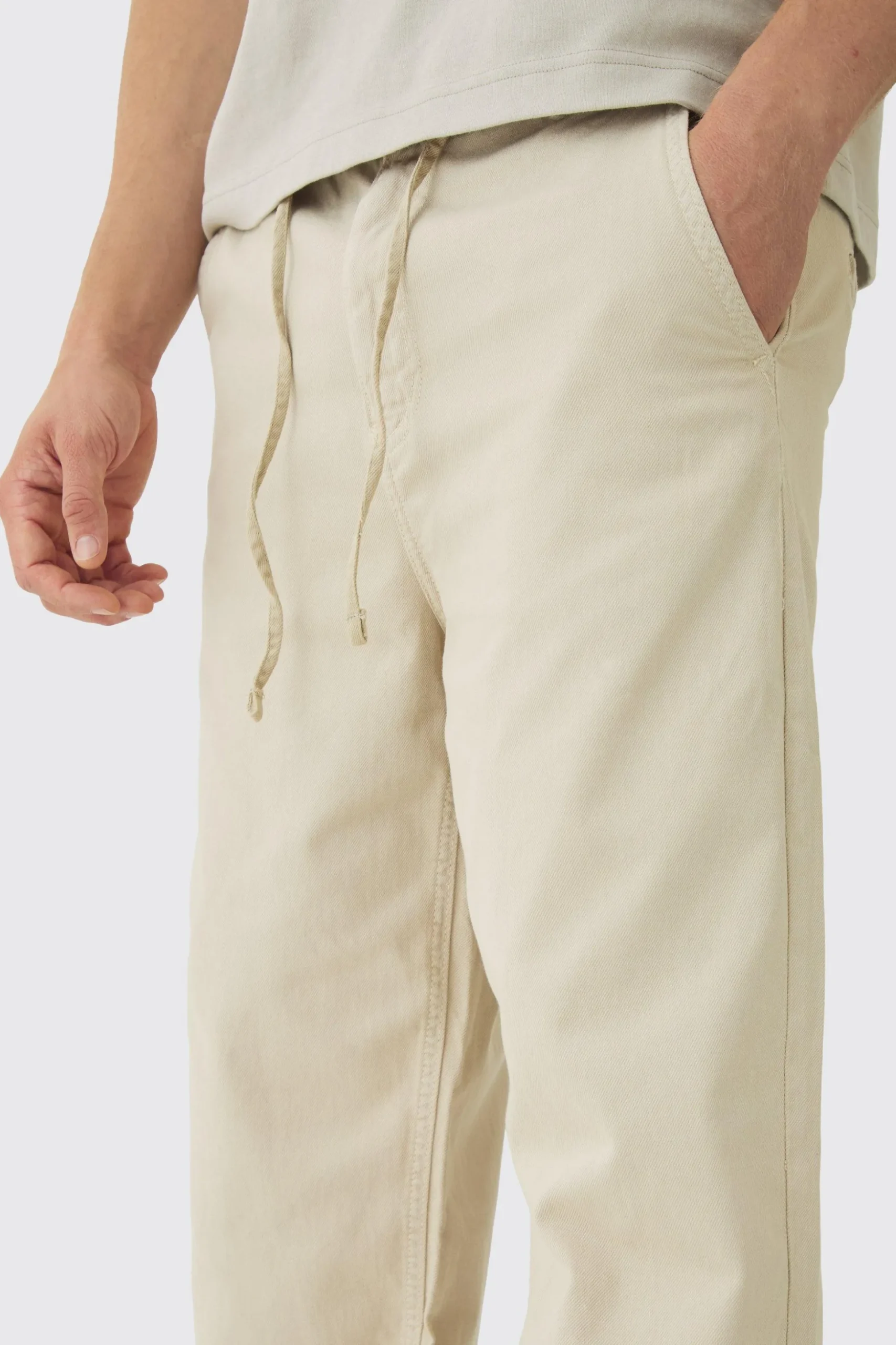 Relaxed Chinos With Drawcords In Stone | BoohooMAN UK