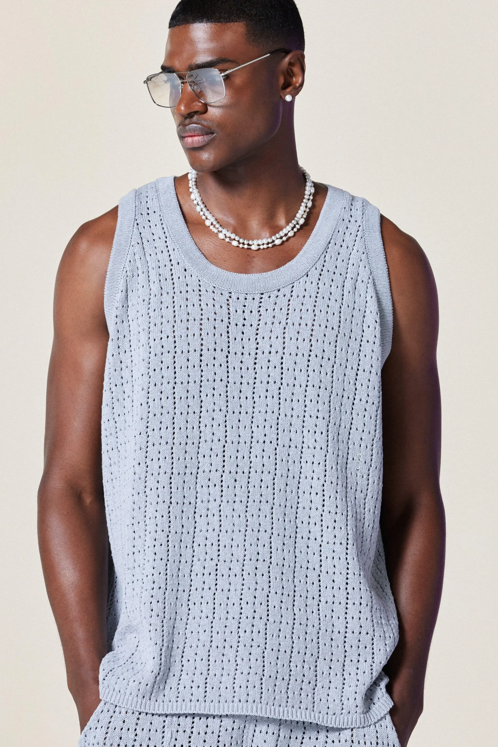 Relaxed Crochet Knitted Vest In Grey | BoohooMAN UK