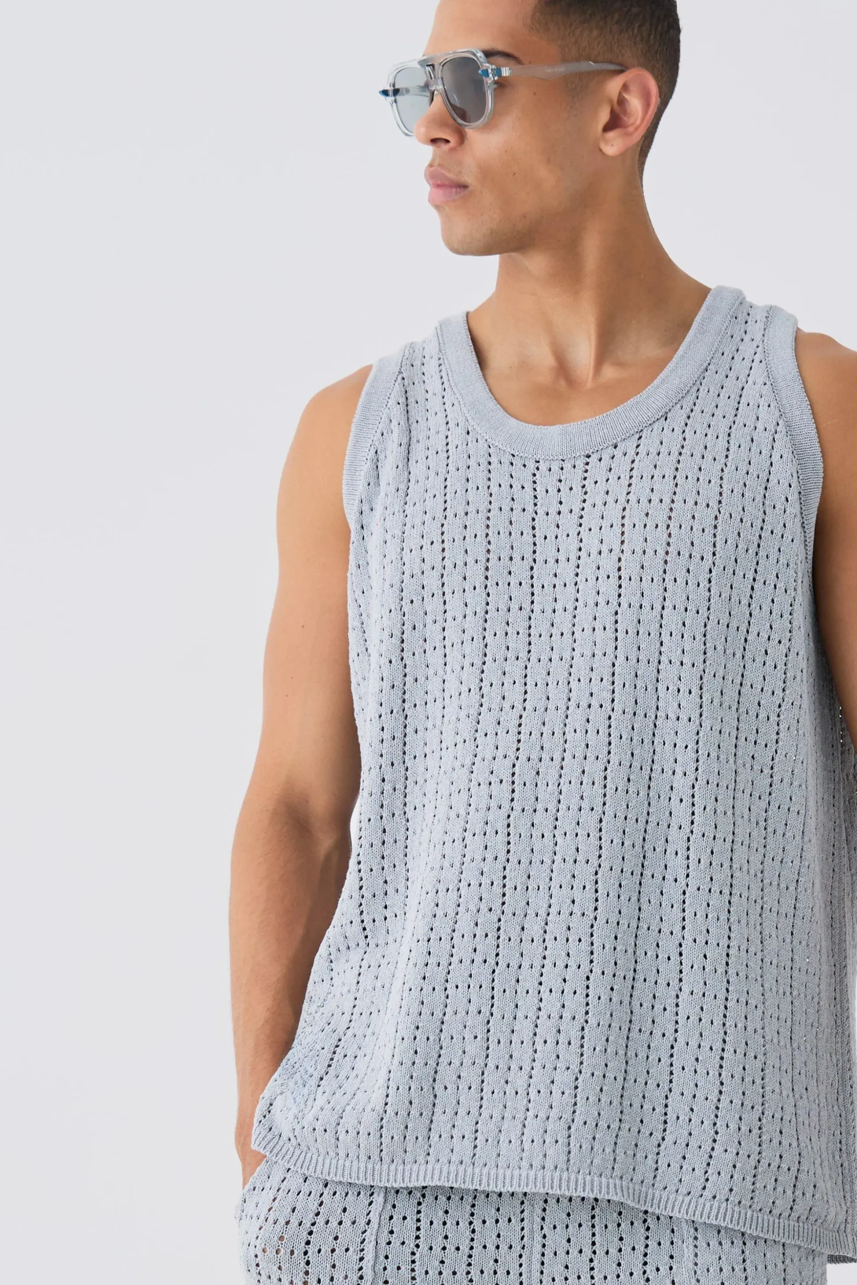 Relaxed Crochet Knitted Vest In Grey | BoohooMAN UK