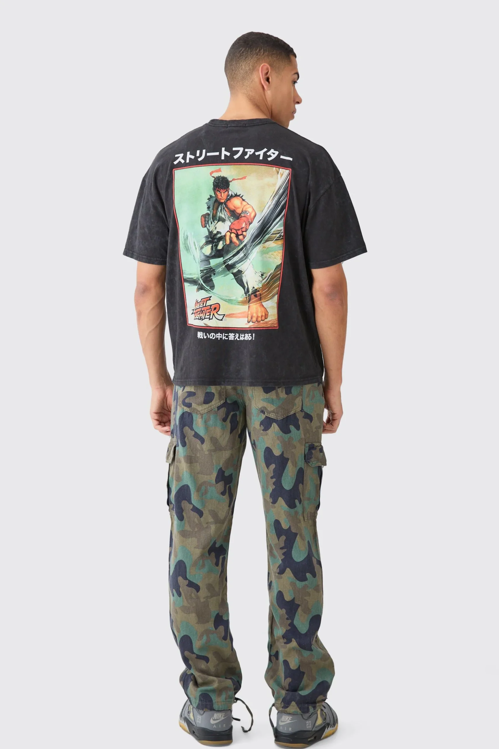 Relaxed Crotch Print Tie Hem Camo Cargo Trouser | BoohooMAN UK