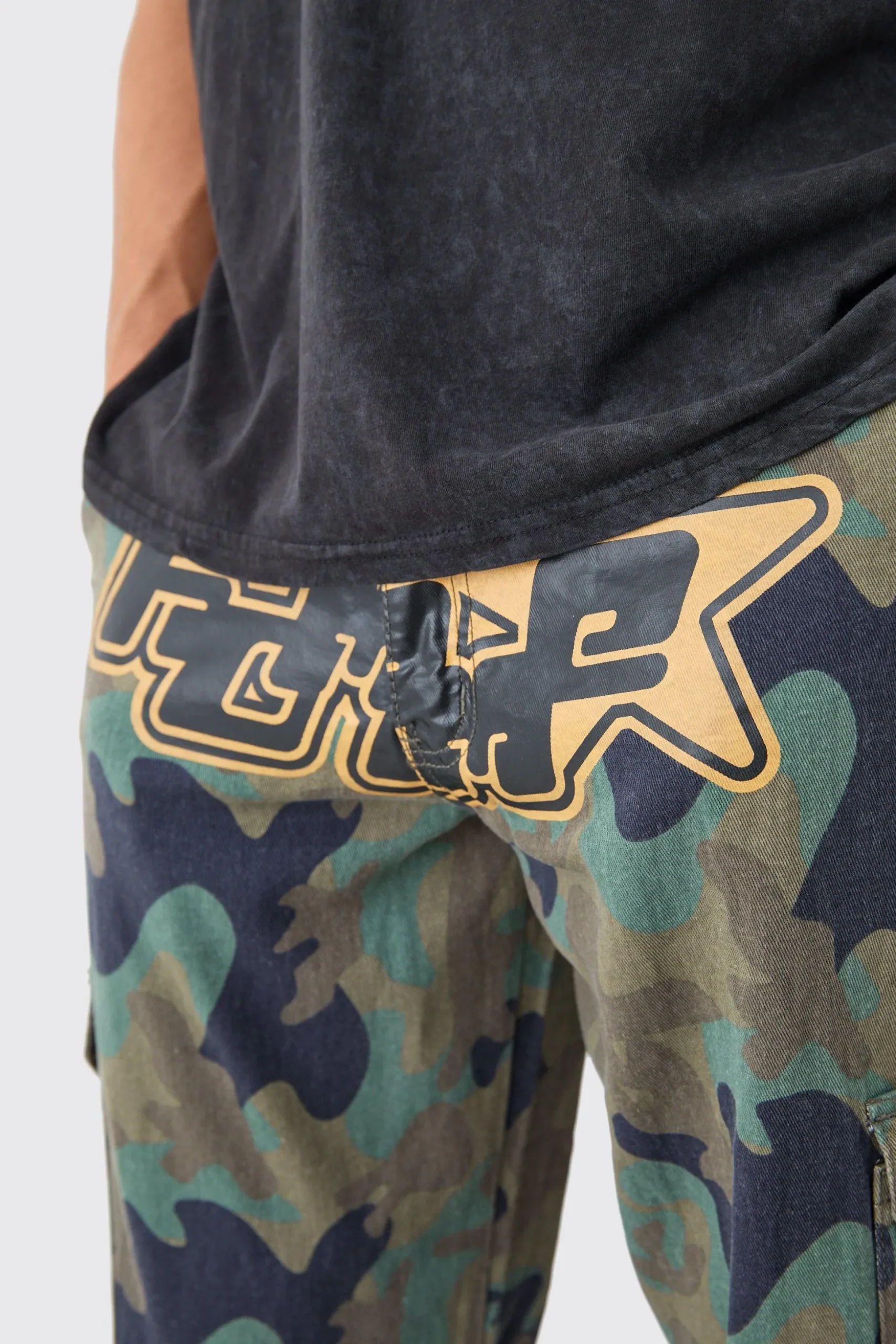 Relaxed Crotch Print Tie Hem Camo Cargo Trouser | BoohooMAN UK