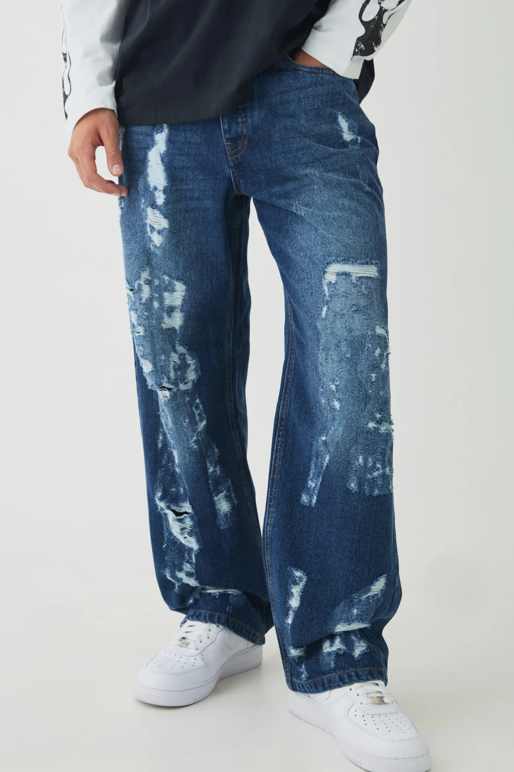 Relaxed Distressed Nibbled Jeans | BoohooMAN UK