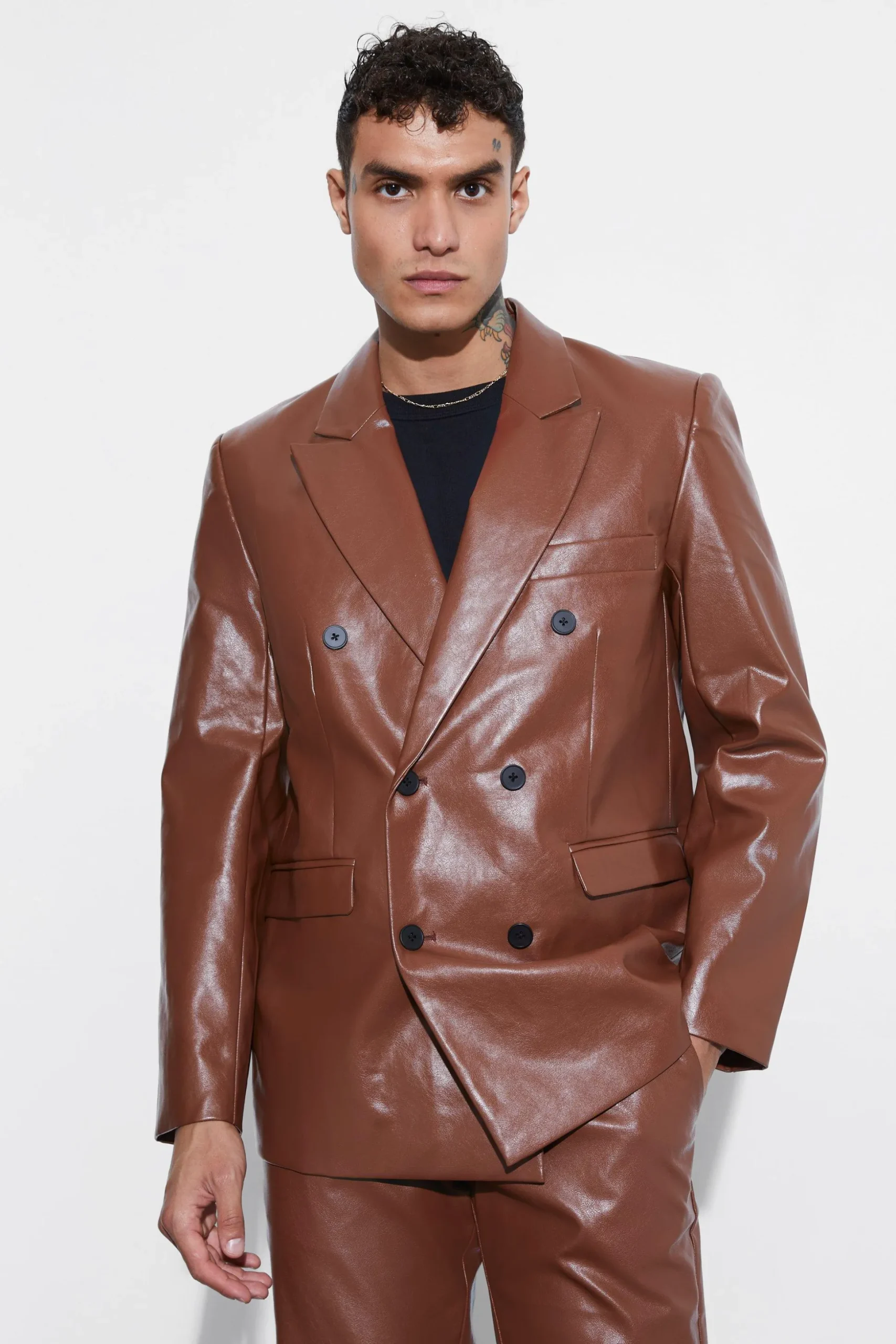 Relaxed Fit Double Breasted Pu Blazer | BoohooMAN UK