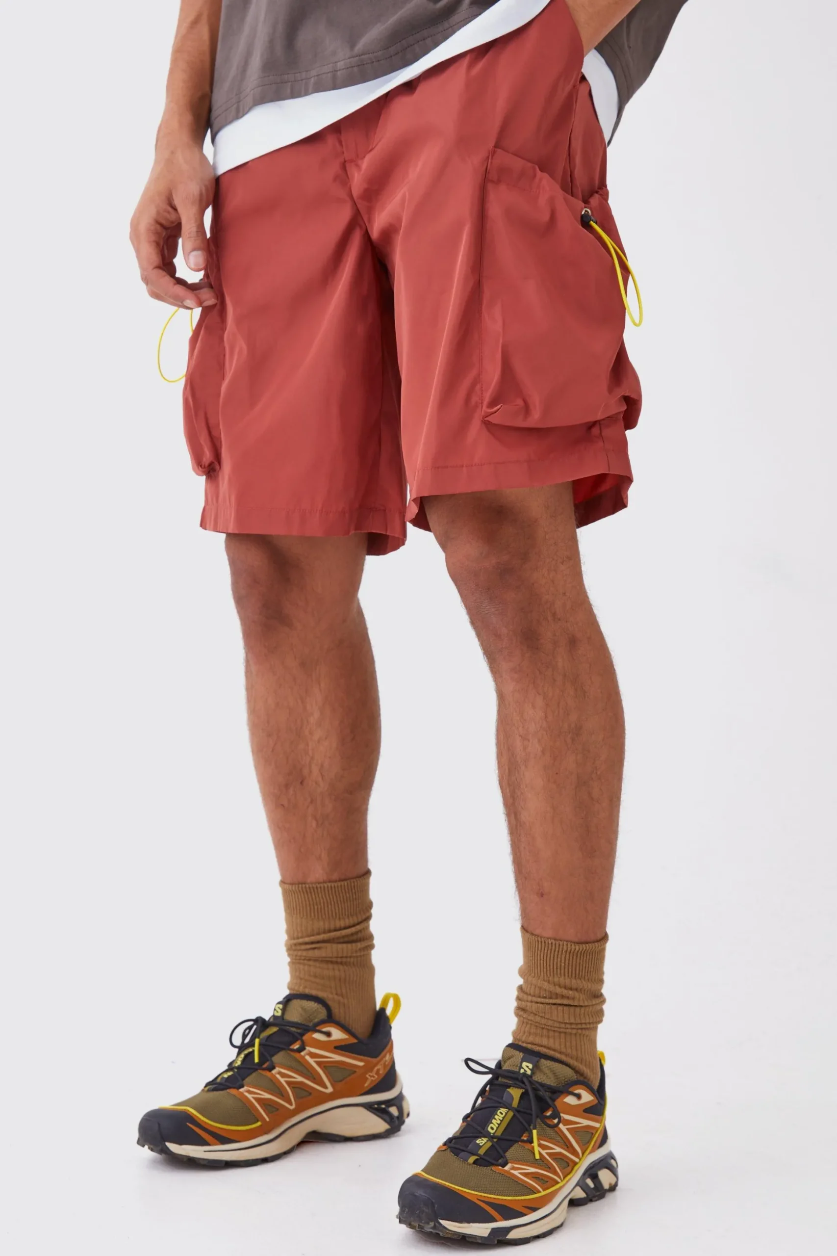 Relaxed Fit Elasticated Waist Nylon Cargo Shorts | BoohooMAN UK