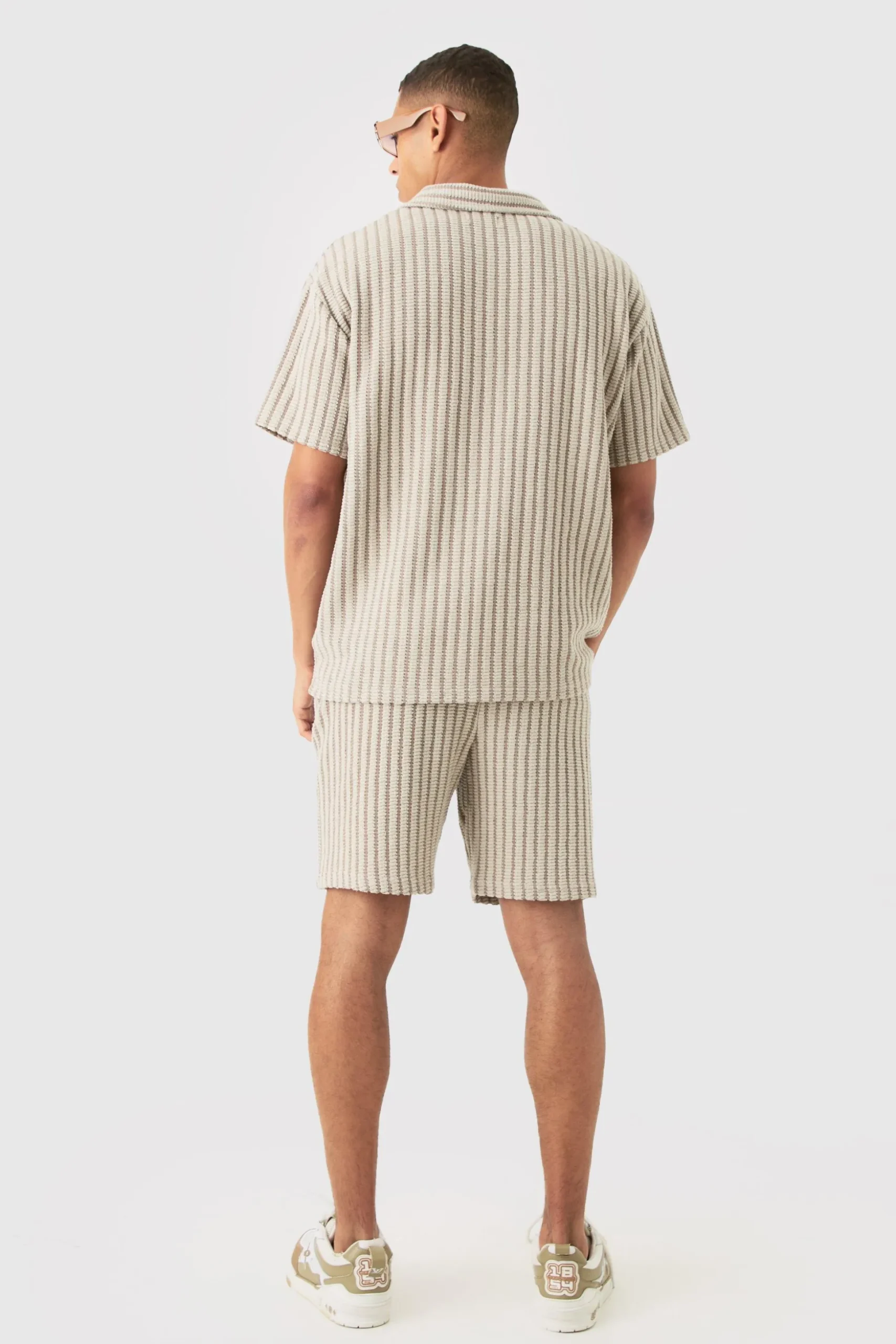 Relaxed Fit Mid Length Striped Textured Short | BoohooMAN UK