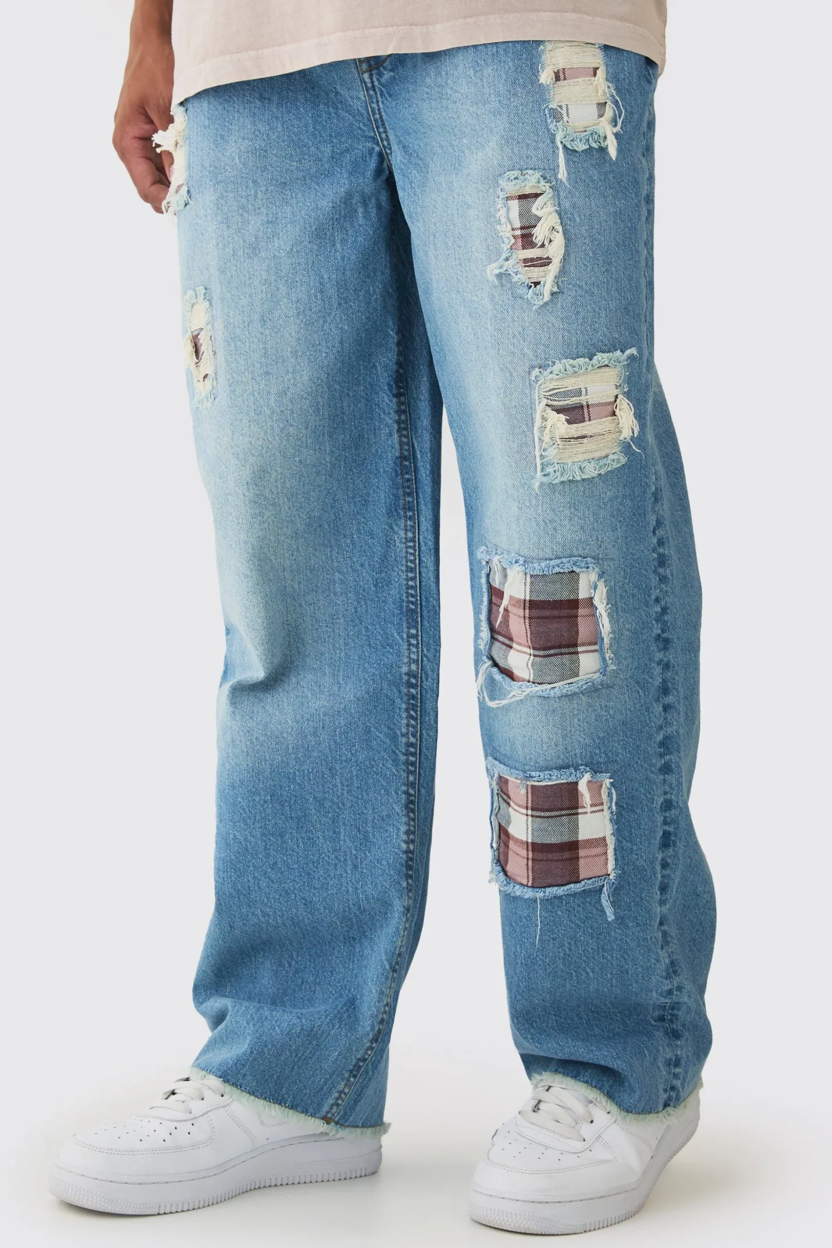 Relaxed Fit Rip & Repair Check Patchwork Jeans | BoohooMAN UK