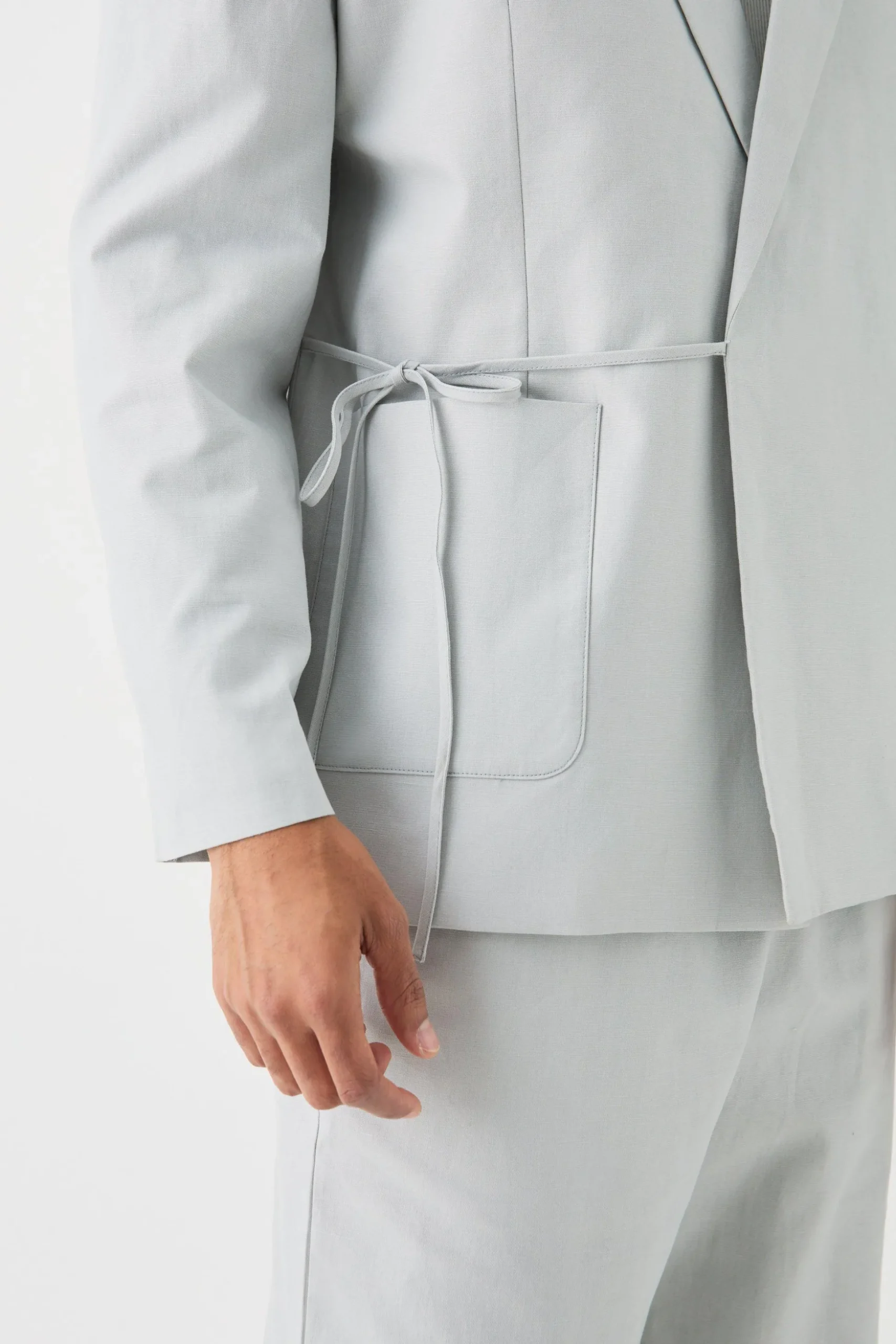 Relaxed Fit Tie Front Linen Blazer In Grey | BoohooMAN UK