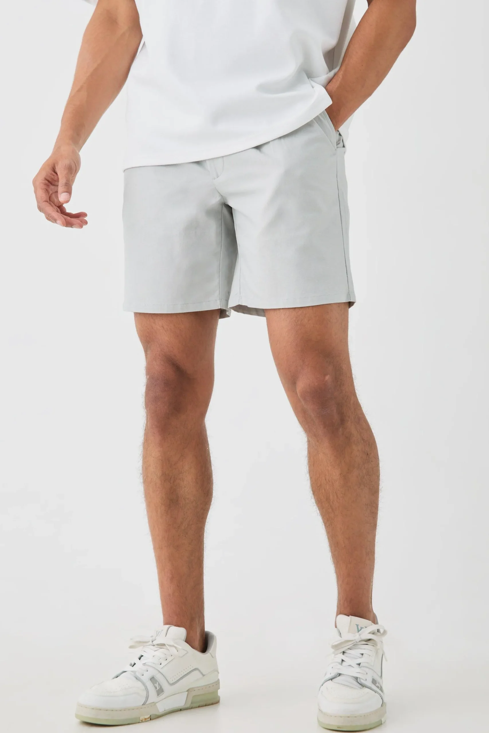 Relaxed Fit Tie Waistband Tailored Linen Shorts In Grey | BoohooMAN UK