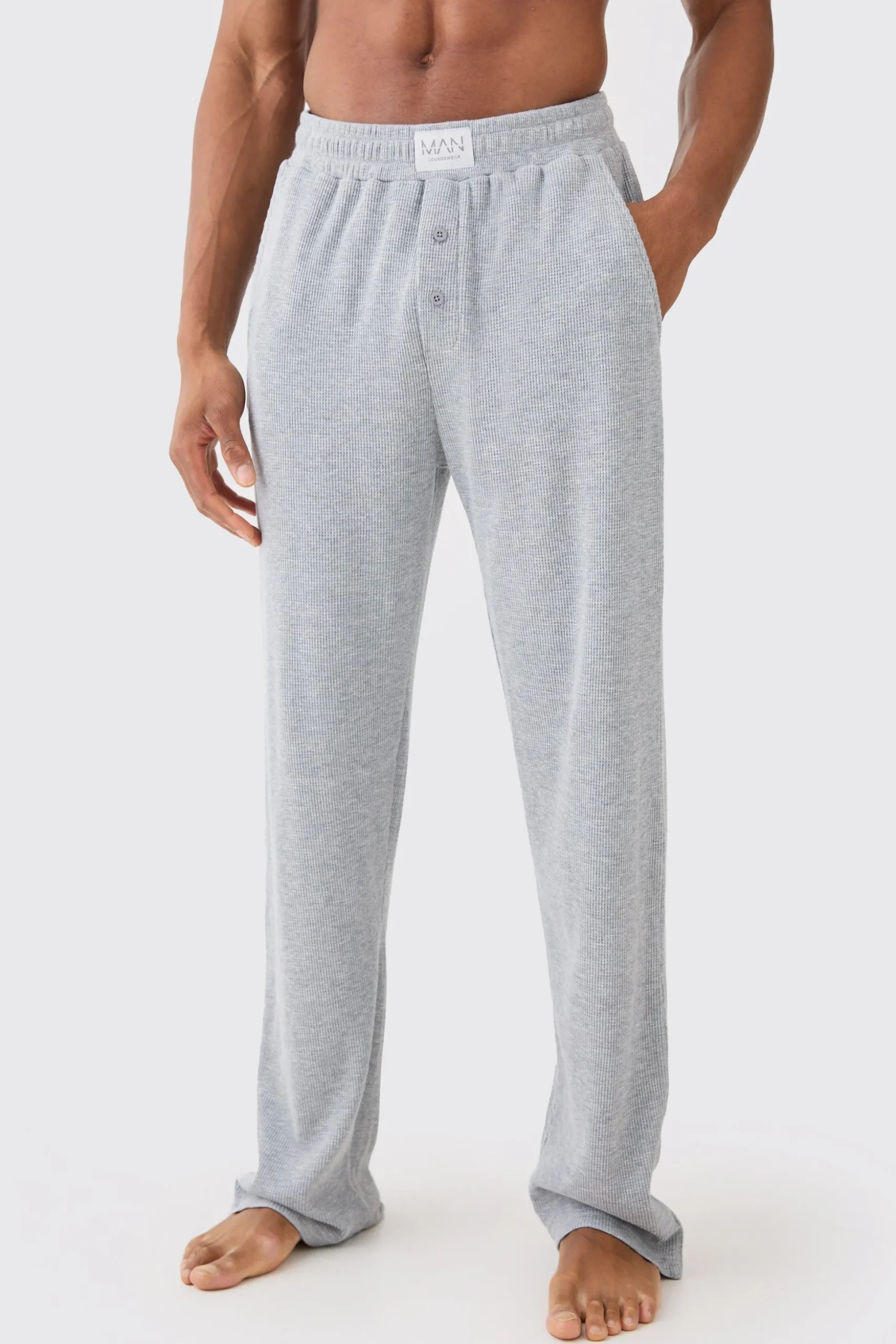 Relaxed Fit Waffle Lounge Bottoms In Grey Marl | BoohooMAN UK