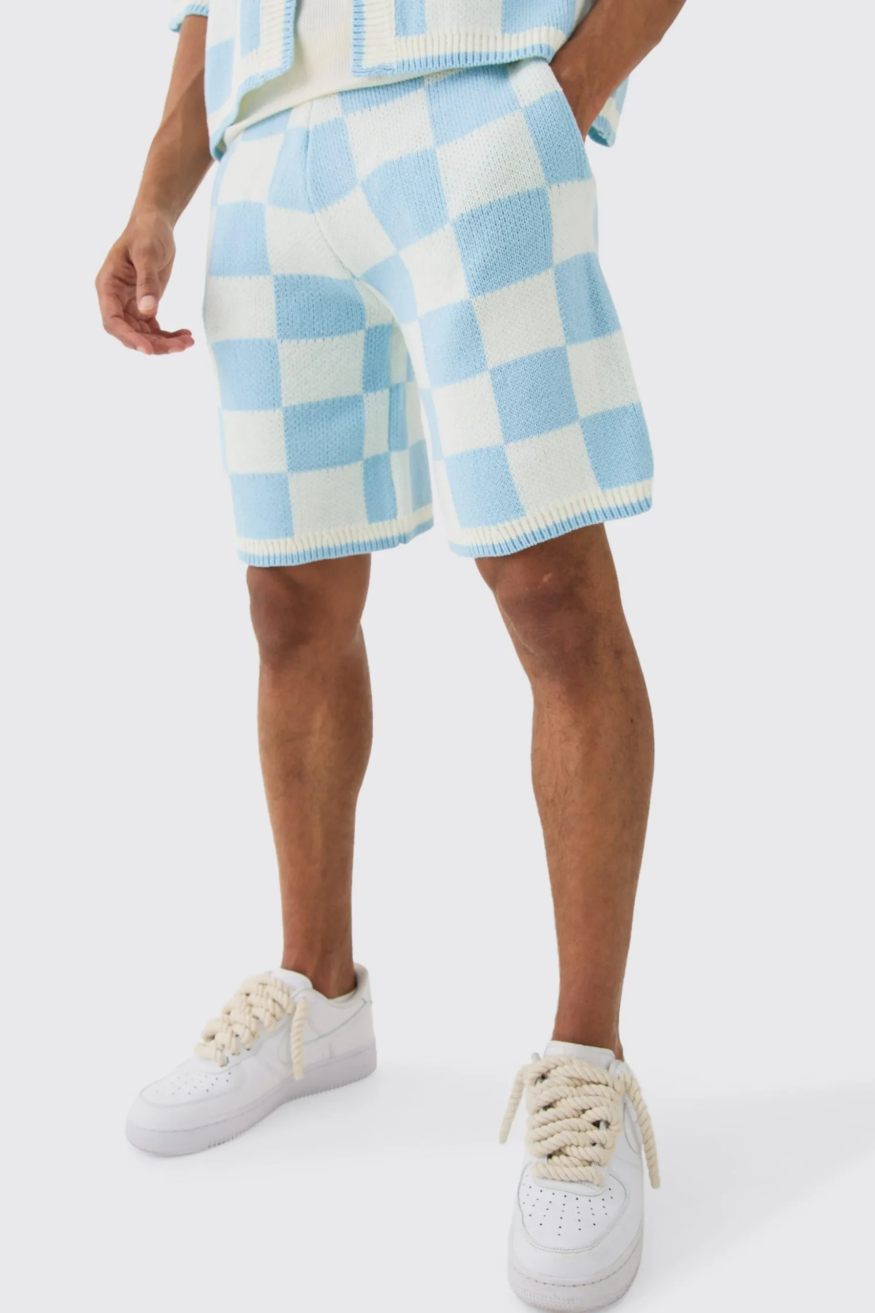 Relaxed Mid Length Check Knitted Short | BoohooMAN UK