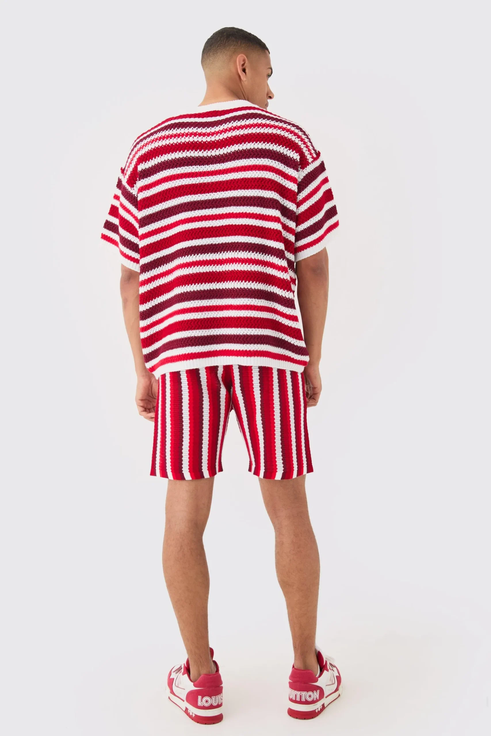 Relaxed Open Stitch Stripe Knit Short In Red | BoohooMAN UK