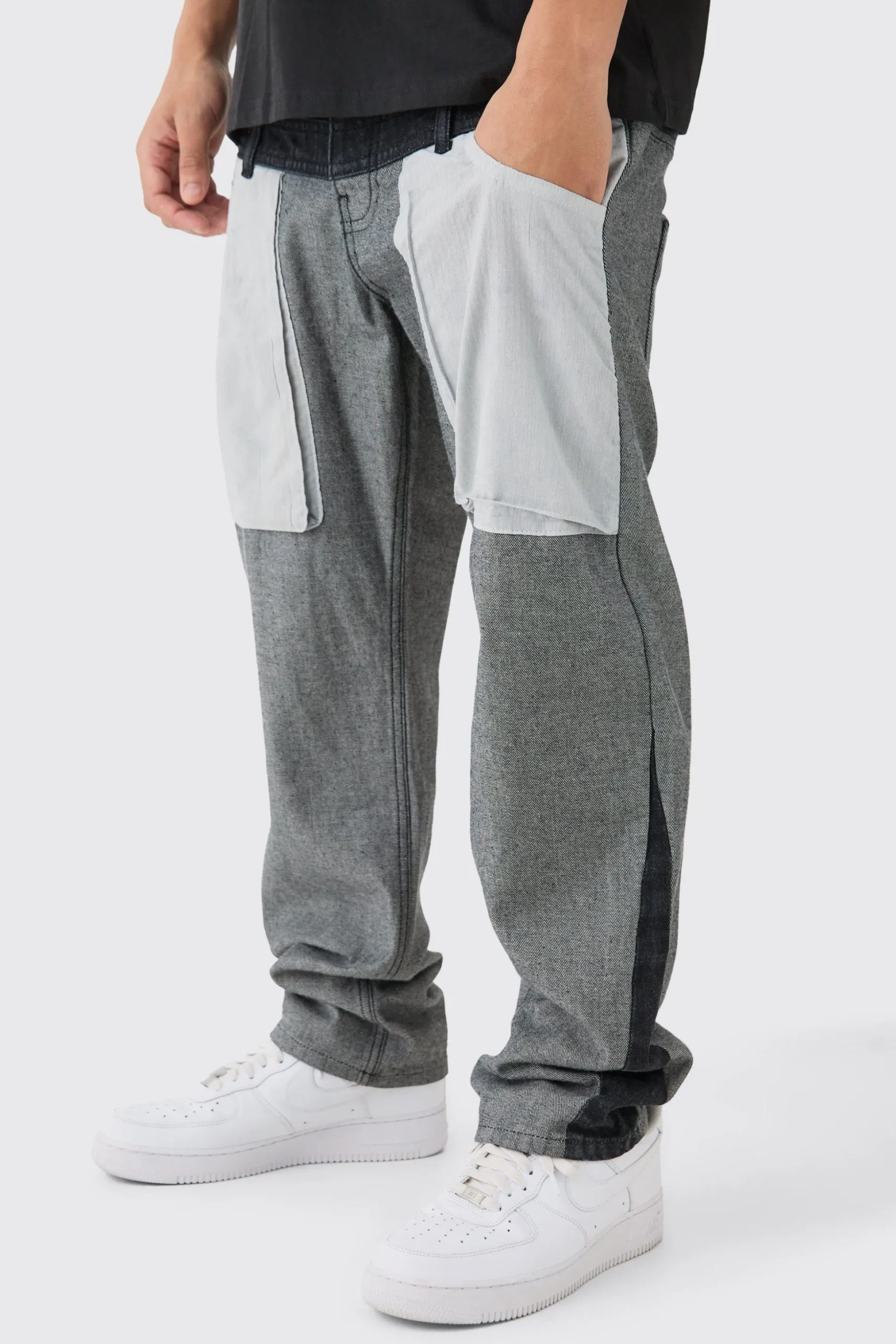 Relaxed Rigid Double Waistband Reverse Cut & Sew Denim Jean | BoohooMAN UK