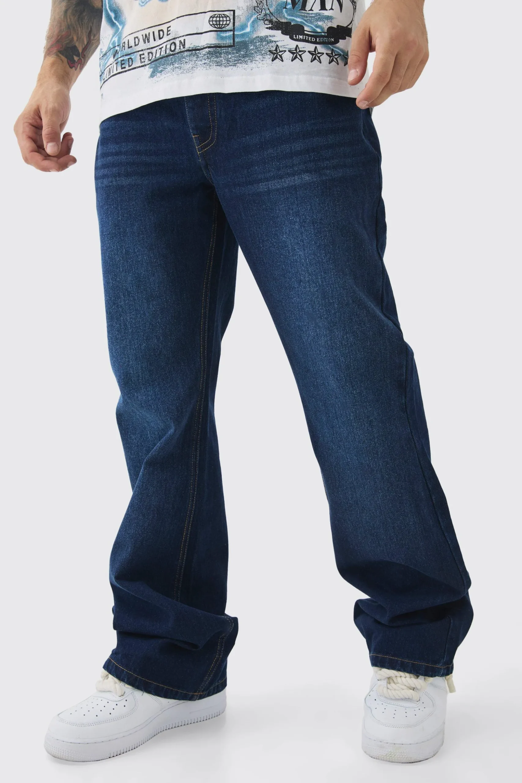 Relaxed Rigid Flare Jean In Indigo | BoohooMAN UK