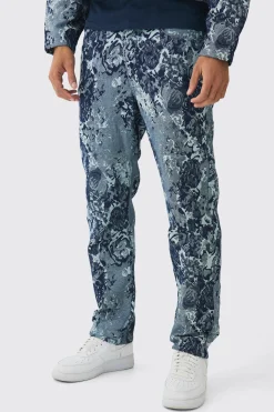 Relaxed Rigid Floral Jacquard Jeans | BoohooMAN UK