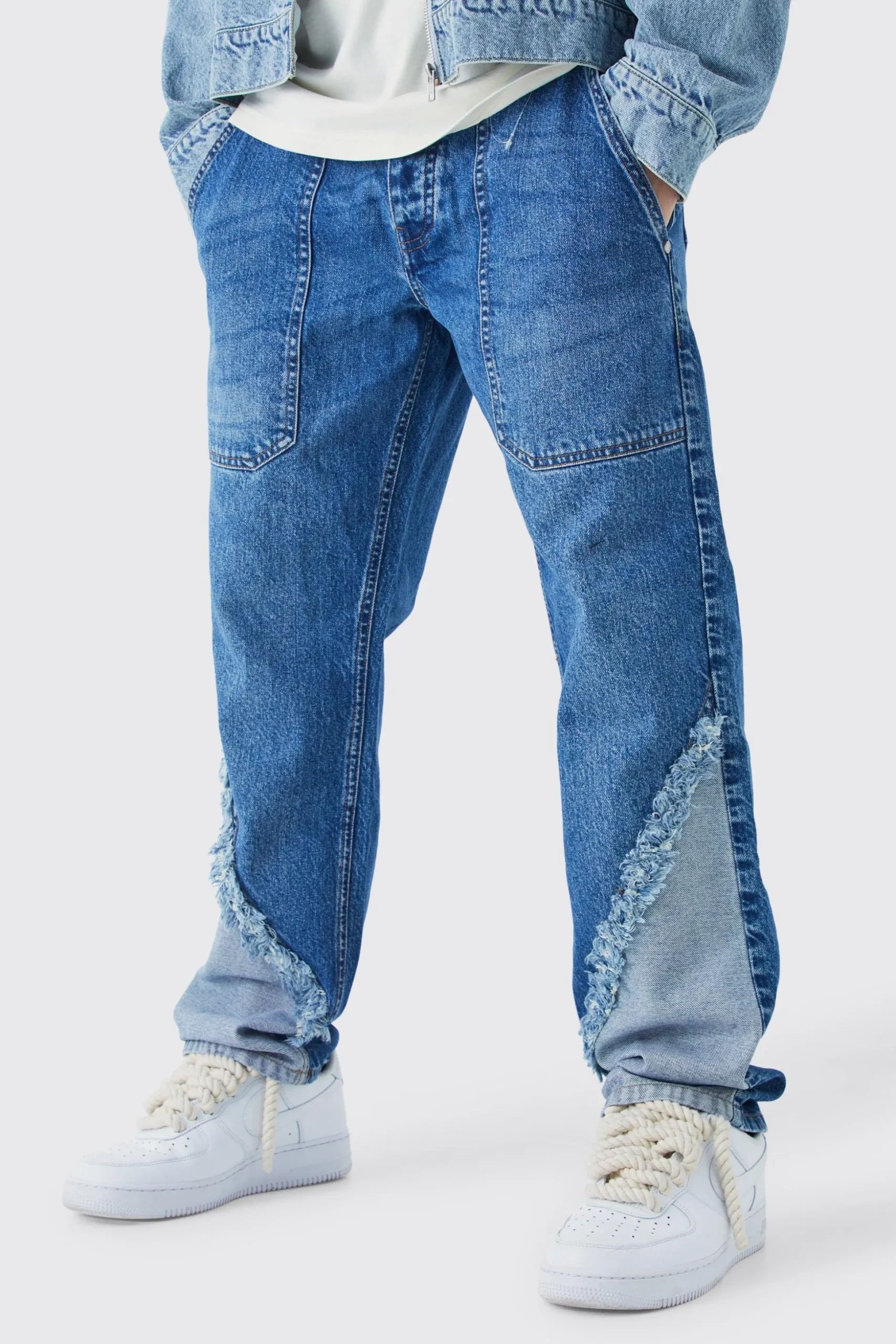 Relaxed Rigid Frayed Spliced Jeans In Mid Blue | BoohooMAN UK