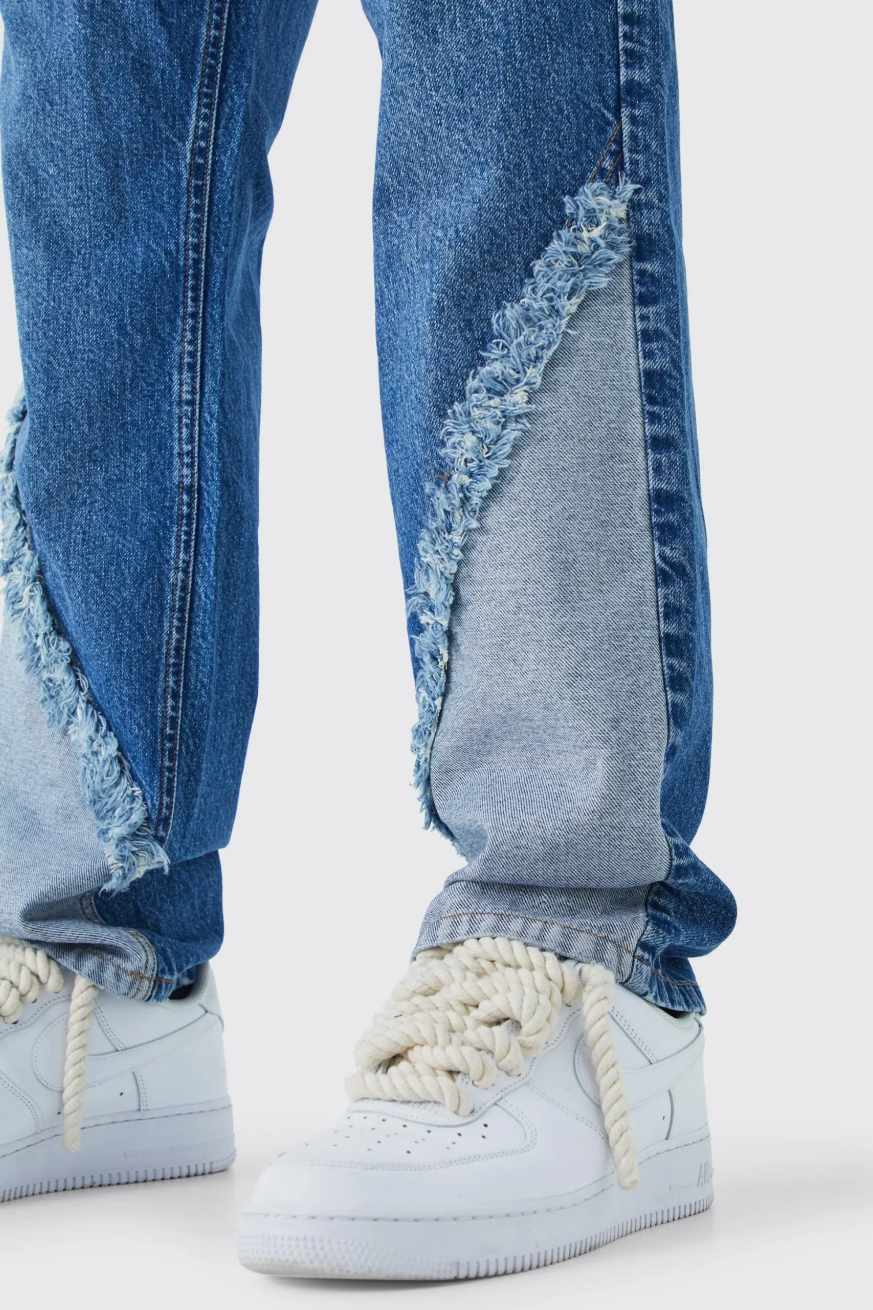 Relaxed Rigid Frayed Spliced Jeans In Mid Blue | BoohooMAN UK