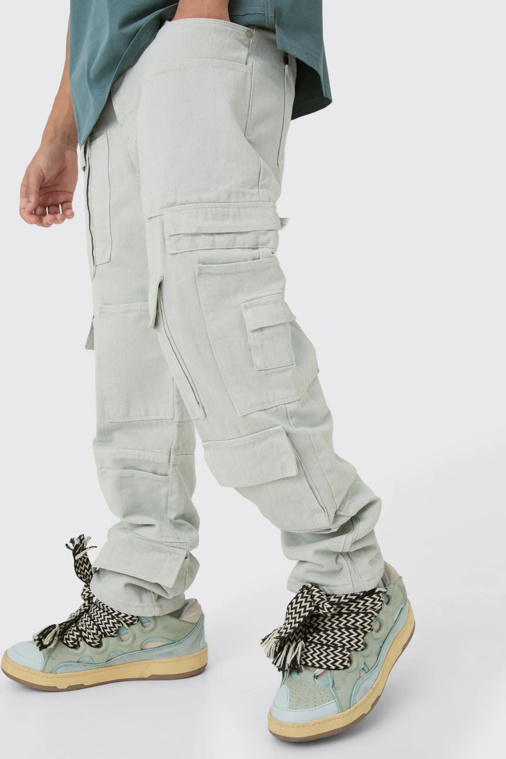 Relaxed Rigid Multi Pocket Cargo Jeans In Stone | BoohooMAN UK