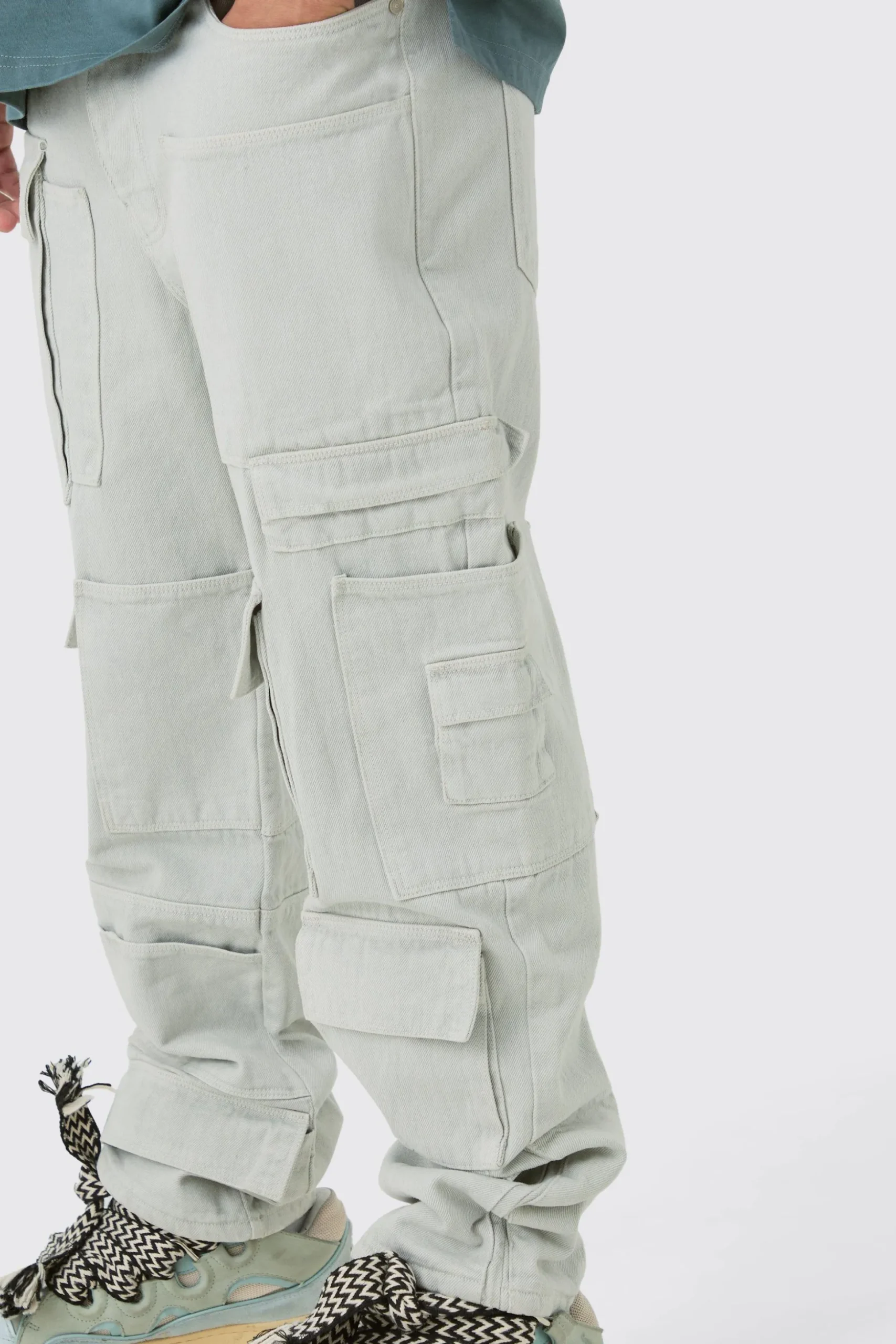Relaxed Rigid Multi Pocket Cargo Jeans In Stone | BoohooMAN UK